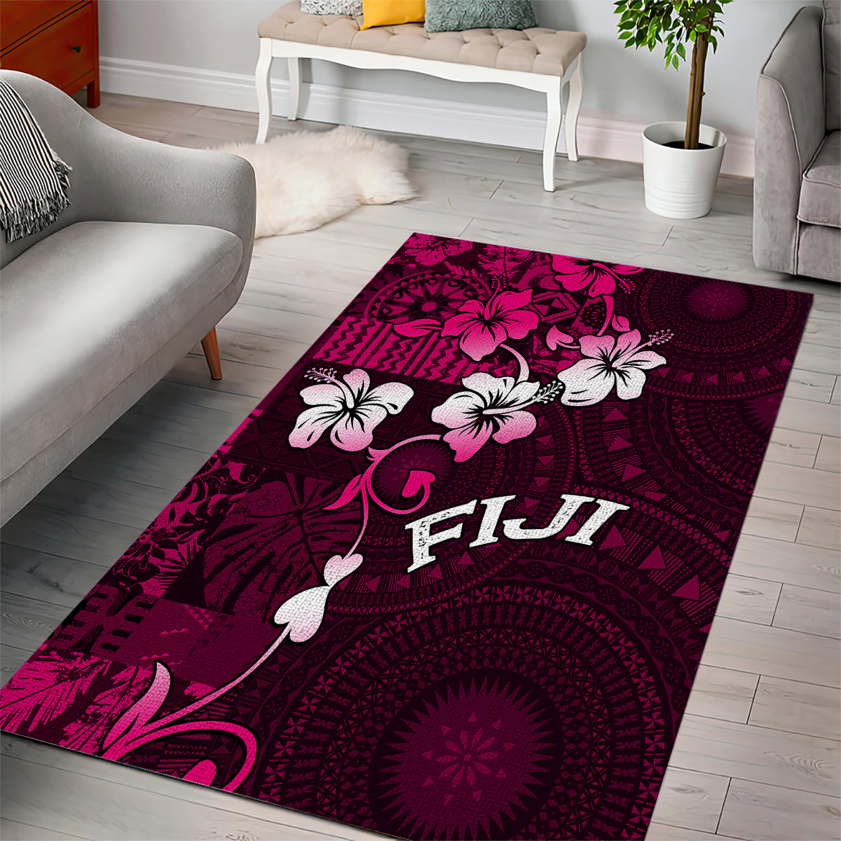Fiji Masi Area Rug Fijian Hibiscus Tapa Pink Version LT01 - Polynesian Pride