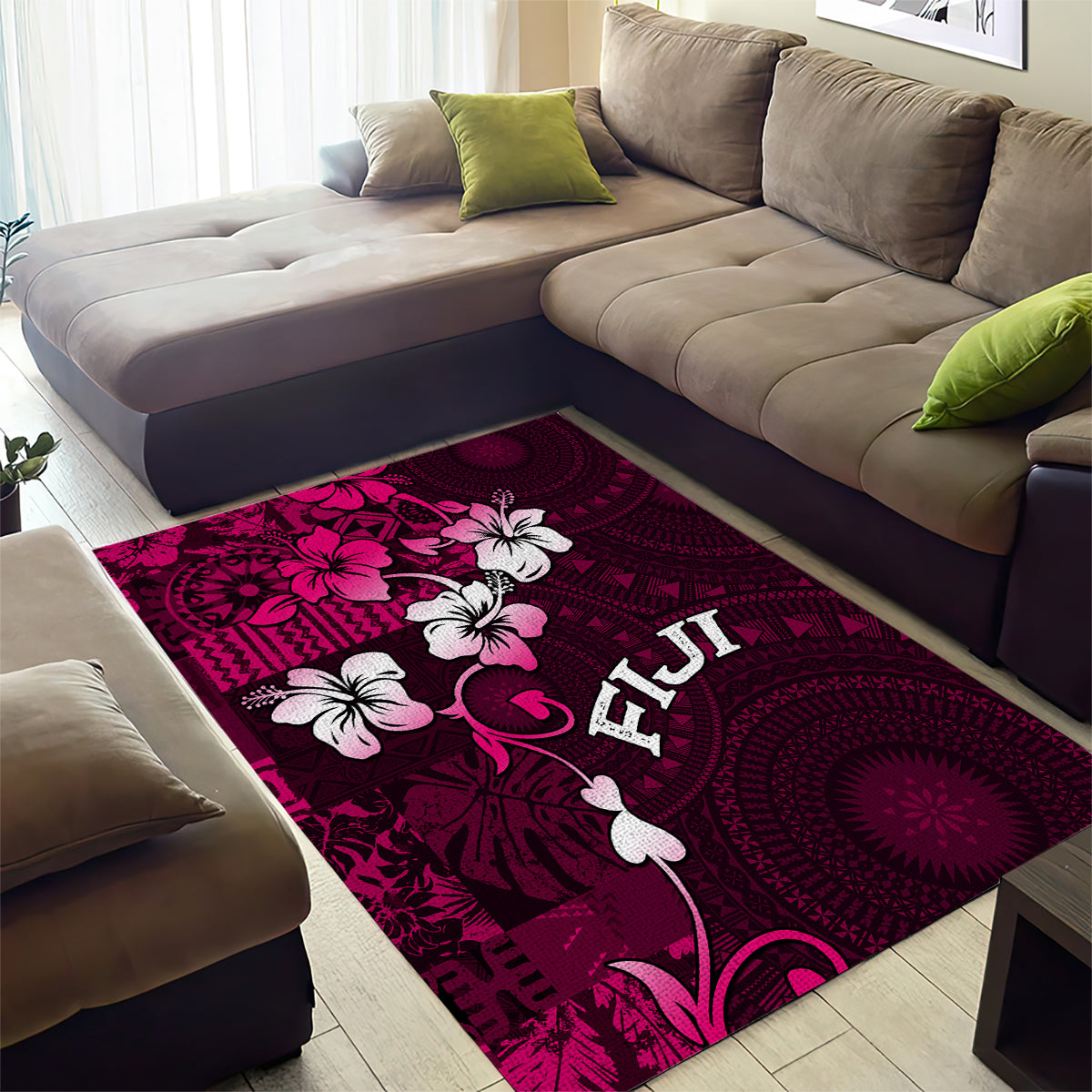 Fiji Masi Area Rug Fijian Hibiscus Tapa Pink Version LT01 - Polynesian Pride