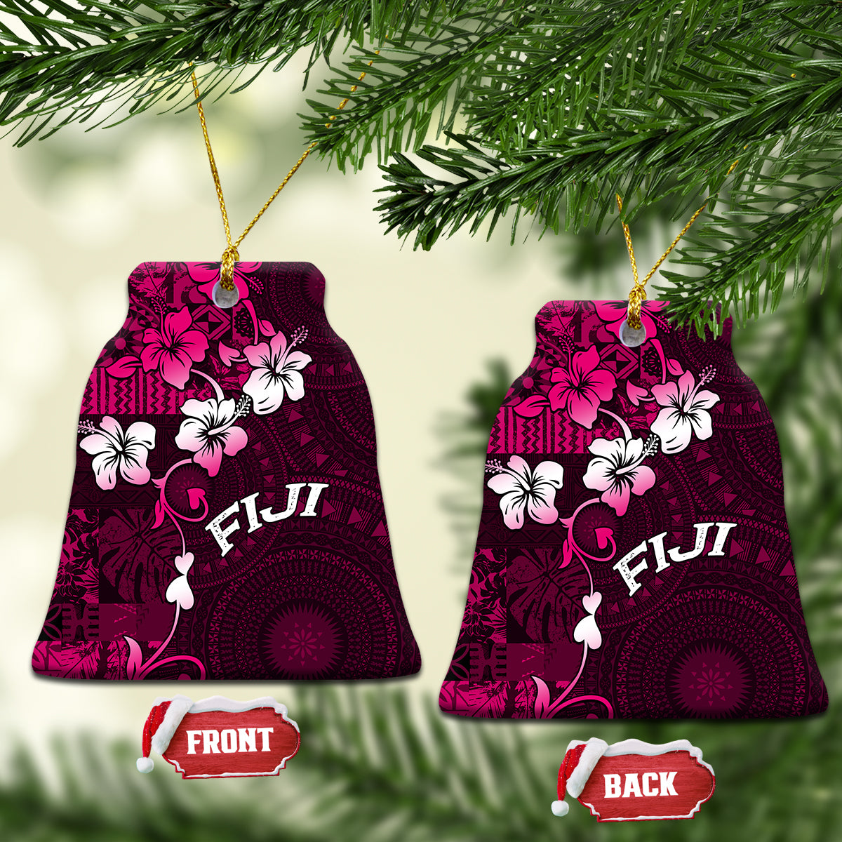 Fiji Masi Ceramic Ornament Fijian Hibiscus Tapa Pink Version LT01 Bell Flake Pink - Polynesian Pride