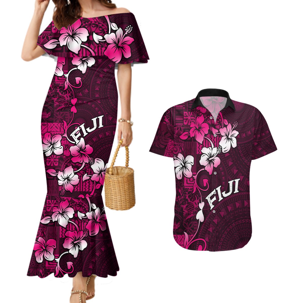 Fiji Masi Couples Matching Mermaid Dress and Hawaiian Shirt Fijian Hibiscus Tapa Pink Version LT01 Pink - Polynesian Pride