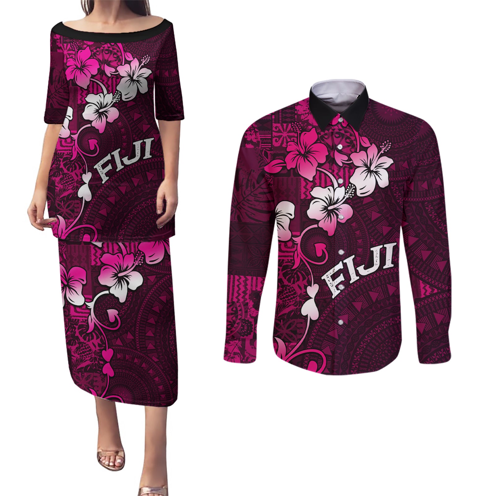 Fiji Masi Couples Matching Puletasi Dress and Long Sleeve Button Shirt Fijian Hibiscus Tapa Pink Version LT01 Pink - Polynesian Pride