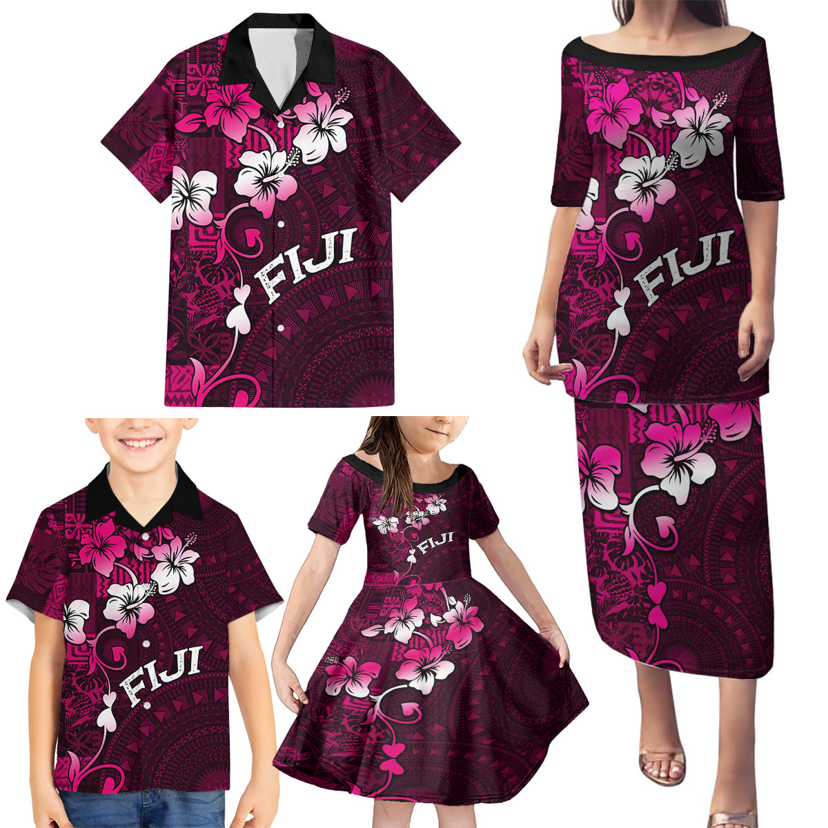 Fiji Masi Family Matching Puletasi Dress and Hawaiian Shirt Fijian Hibiscus Tapa Pink Version LT01 - Polynesian Pride