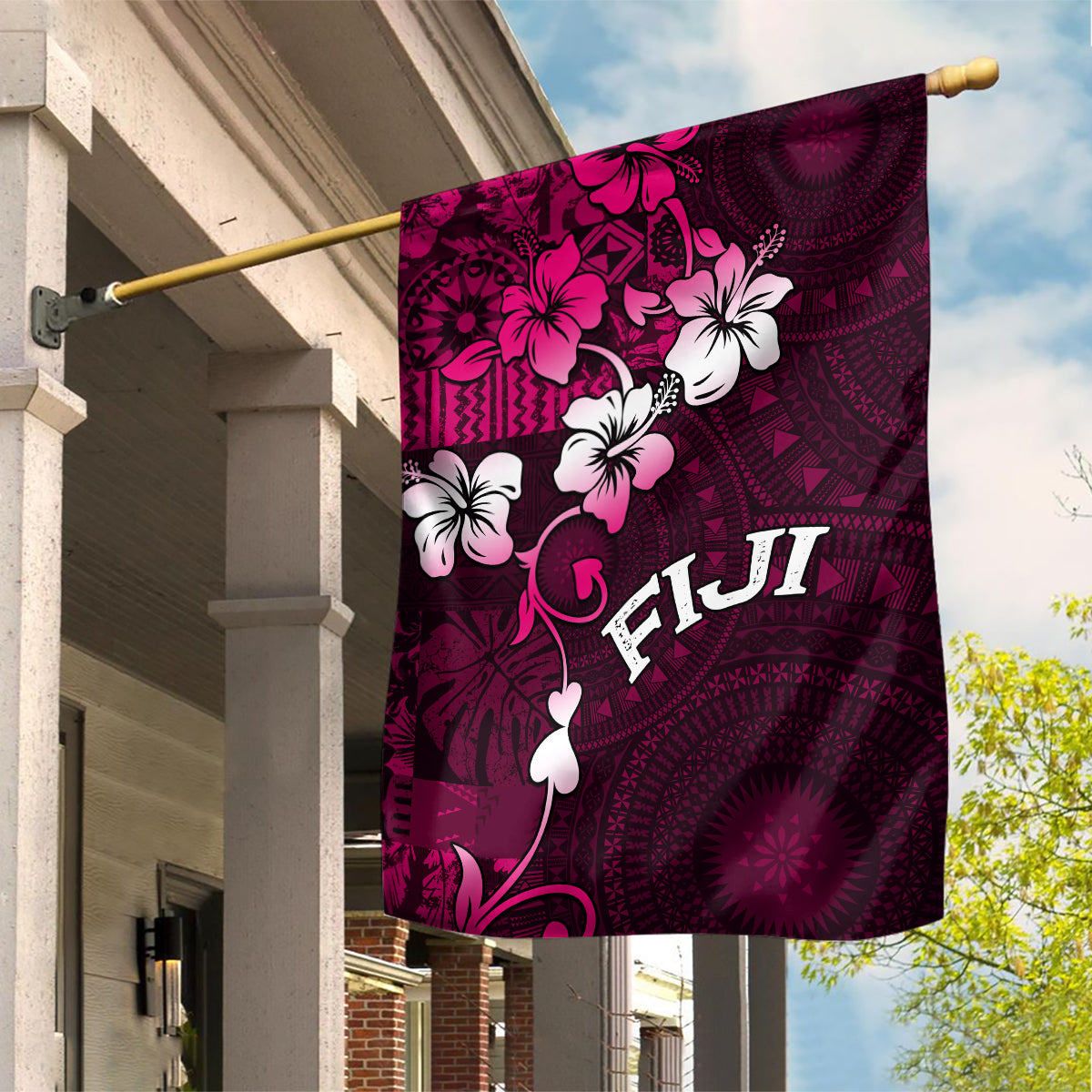 Fiji Masi Garden Flag Fijian Hibiscus Tapa Pink Version LT01 House Flag Pink - Polynesian Pride