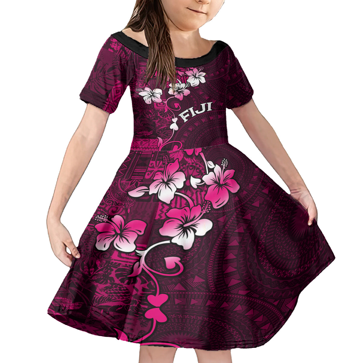 Fiji Masi Kid Short Sleeve Dress Fijian Hibiscus Tapa Pink Version LT01 KID Pink - Polynesian Pride