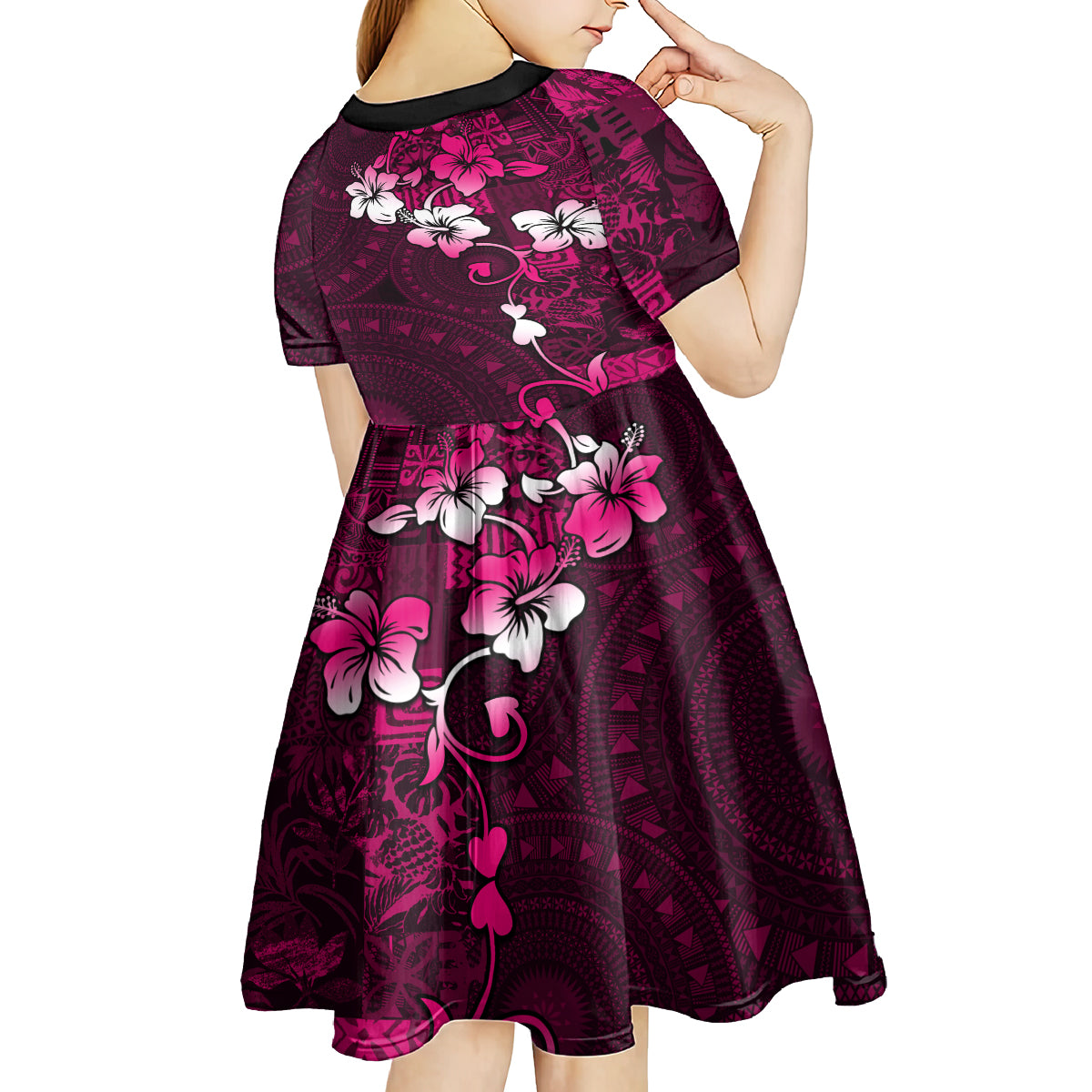 Fiji Masi Kid Short Sleeve Dress Fijian Hibiscus Tapa Pink Version LT01 - Polynesian Pride