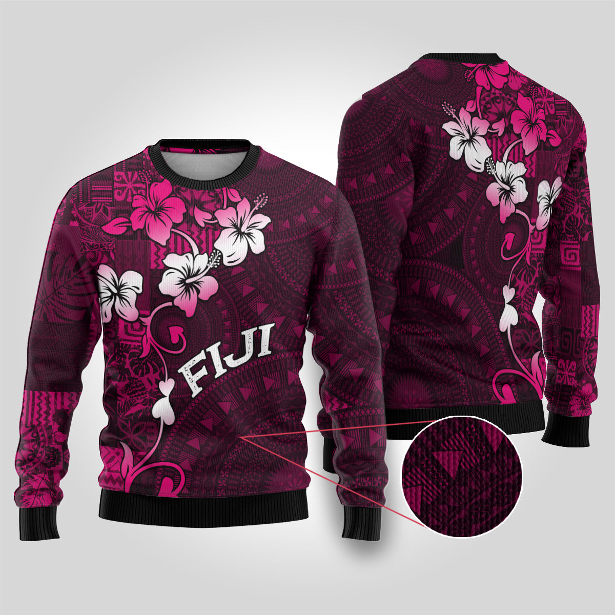 Fiji Masi Ugly Christmas Sweater Fijian Hibiscus Tapa Pink Version LT01 Pink - Polynesian Pride