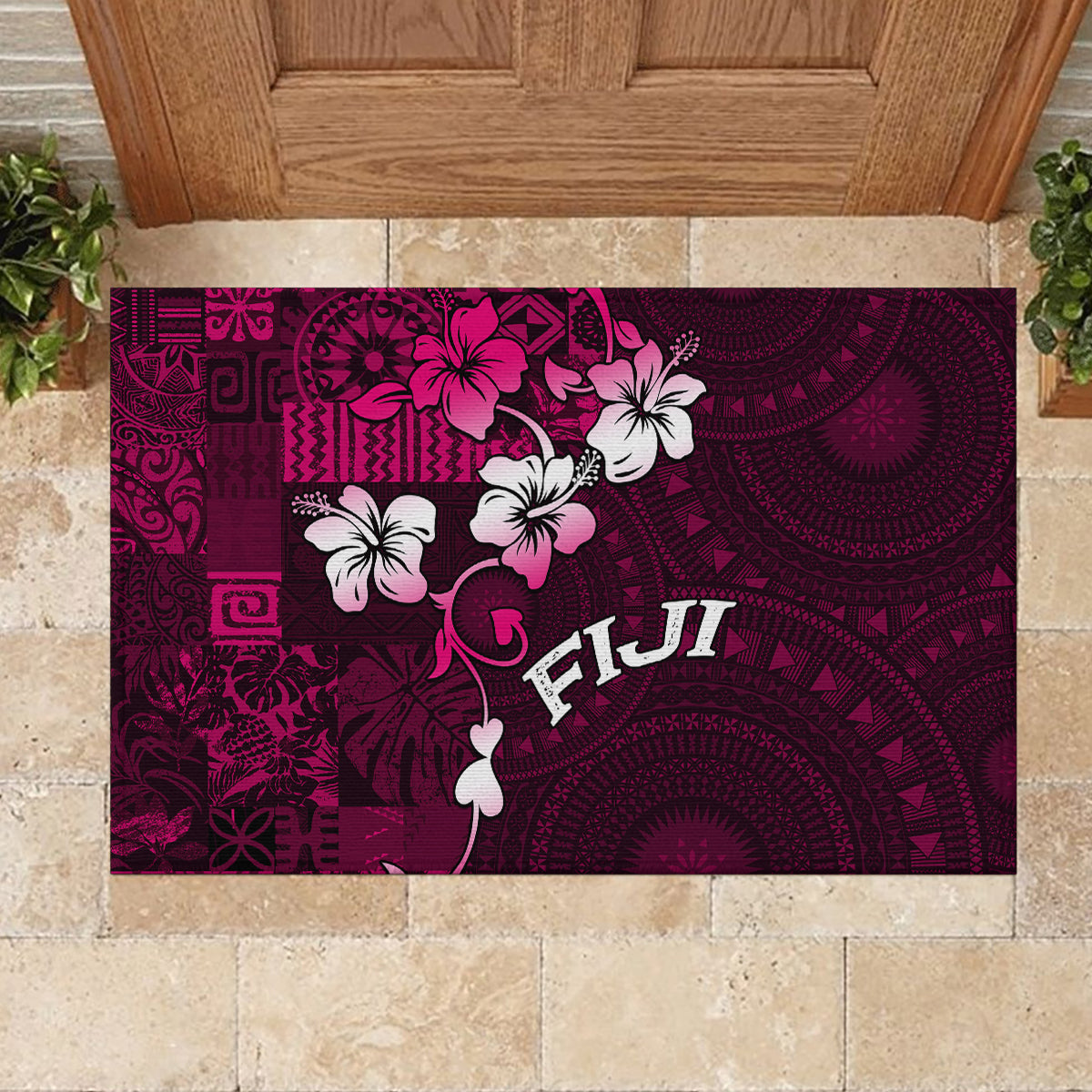 Fiji Masi Rubber Doormat Fijian Hibiscus Tapa Pink Version LT01 - Polynesian Pride