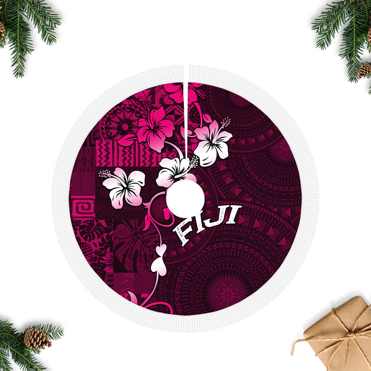 Fiji Masi Tree Skirt Fijian Hibiscus Tapa Pink Version LT01 Fringed Tree Skirts Pink - Polynesian Pride
