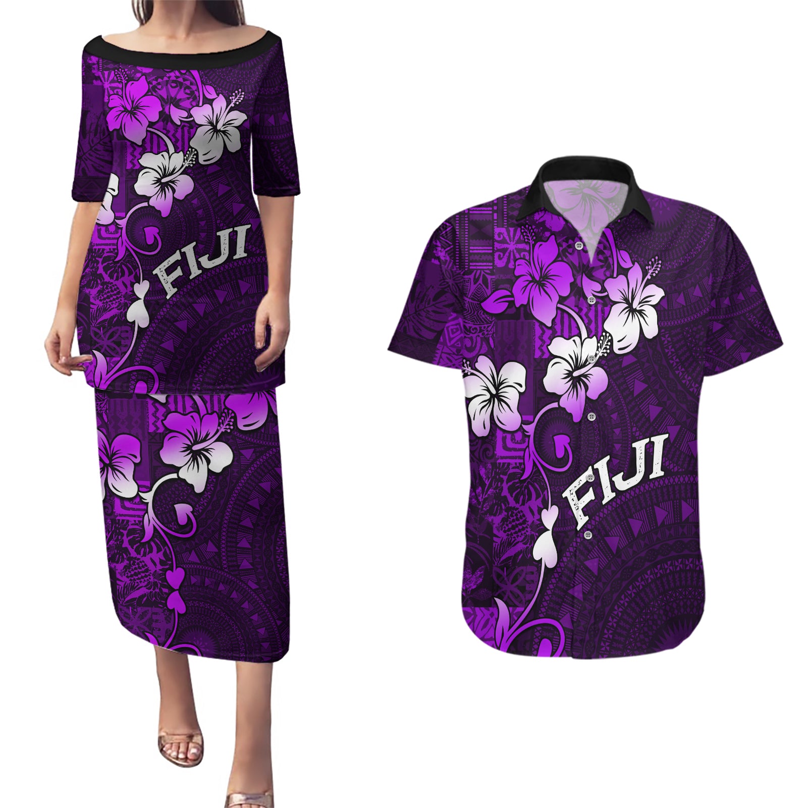 Fiji Masi Couples Matching Puletasi Dress and Hawaiian Shirt Fijian Hibiscus Tapa Purple Version LT01 Purple - Polynesian Pride