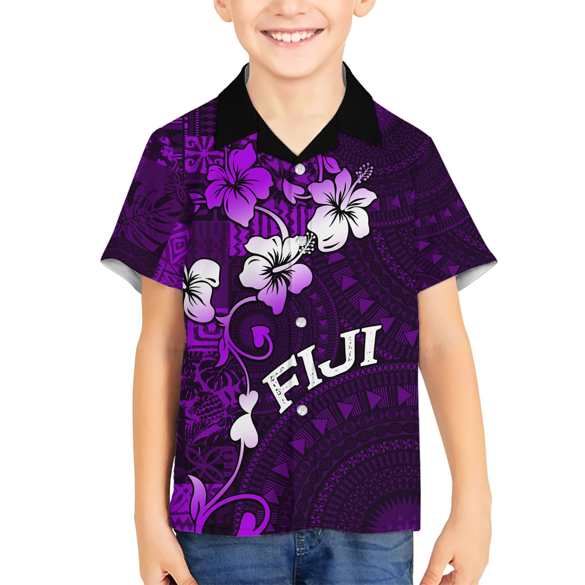 Fiji Masi Family Matching Short Sleeve Bodycon Dress and Hawaiian Shirt Fijian Hibiscus Tapa Purple Version LT01 Son's Shirt Purple - Polynesian Pride