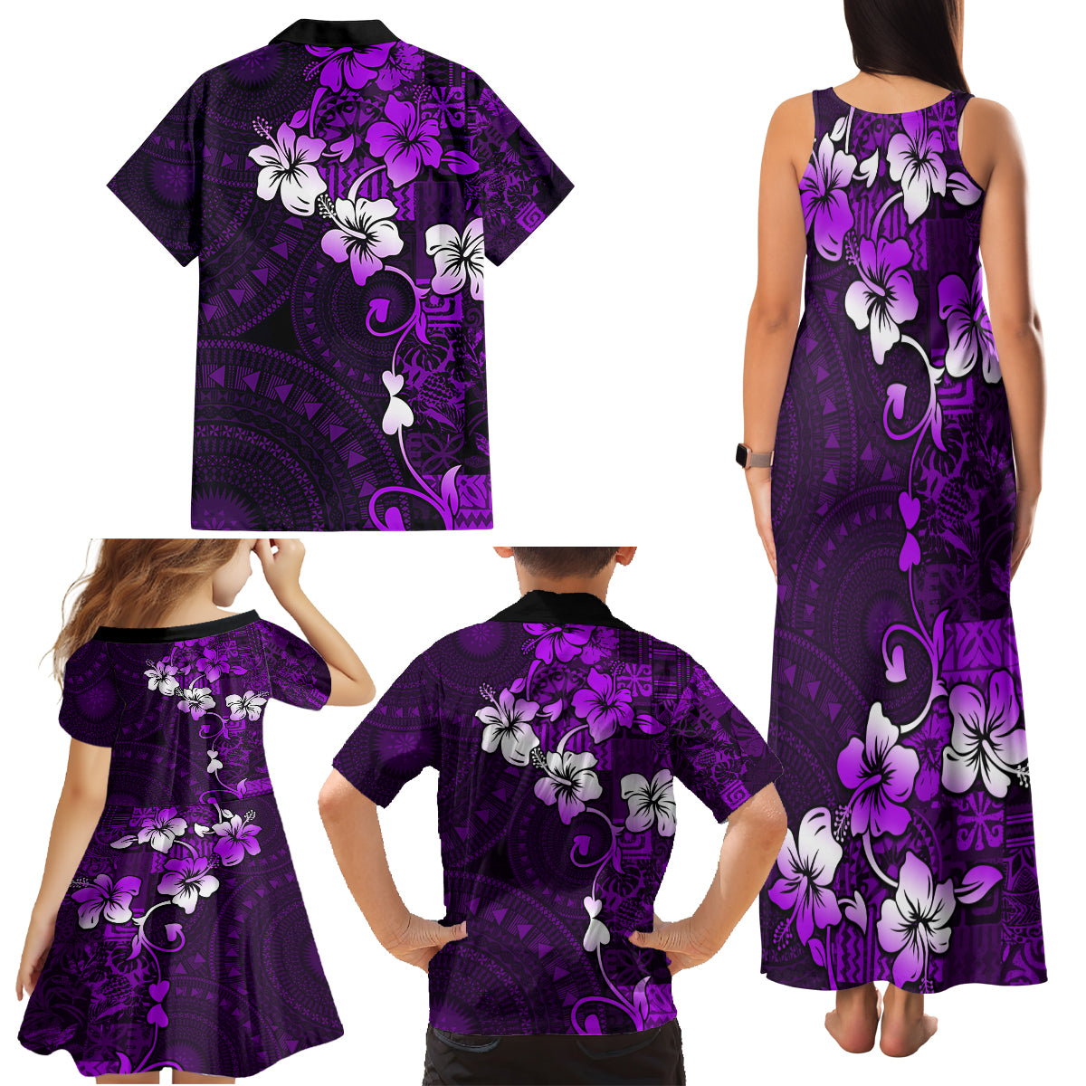Fiji Masi Family Matching Tank Maxi Dress and Hawaiian Shirt Fijian Hibiscus Tapa Purple Version LT01 - Polynesian Pride