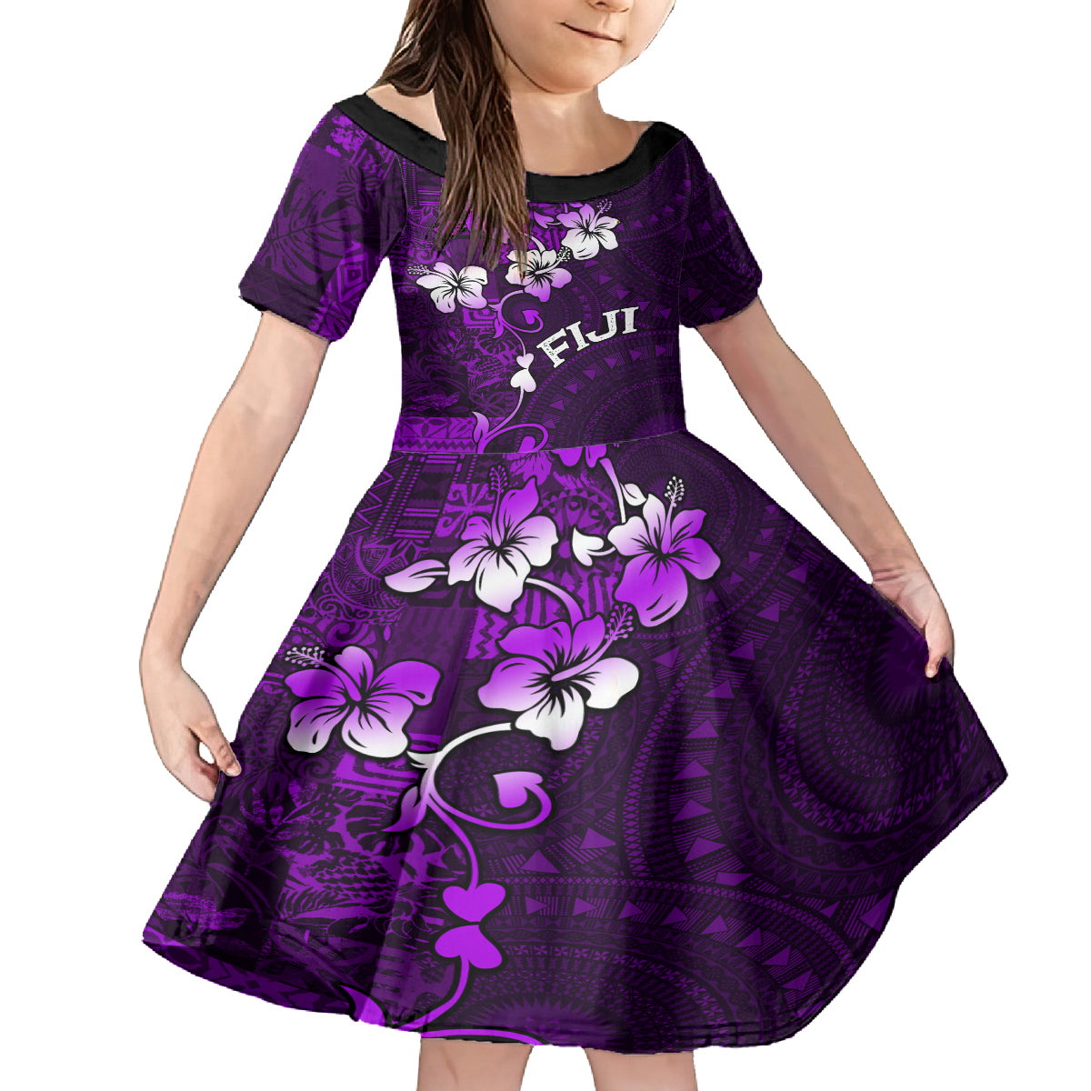 Fiji Masi Kid Short Sleeve Dress Fijian Hibiscus Tapa Purple Version LT01 KID Purple - Polynesian Pride
