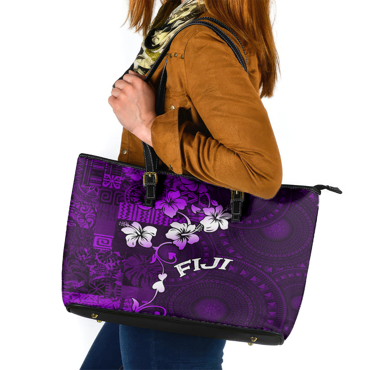 Fiji Masi Leather Tote Bag Fijian Hibiscus Tapa Purple Version LT01 Purple - Polynesian Pride