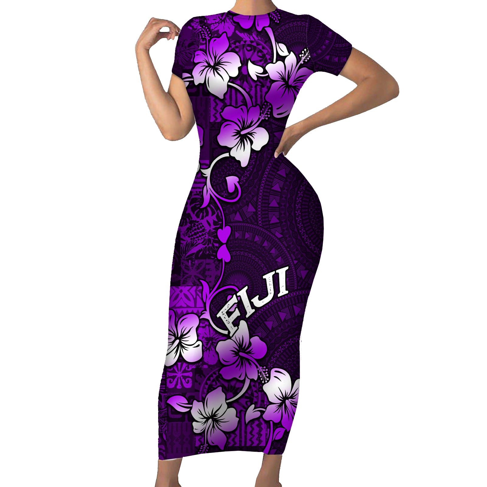 Fiji Masi Short Sleeve Bodycon Dress Fijian Hibiscus Tapa Purple Version LT01 Long Dress Purple - Polynesian Pride