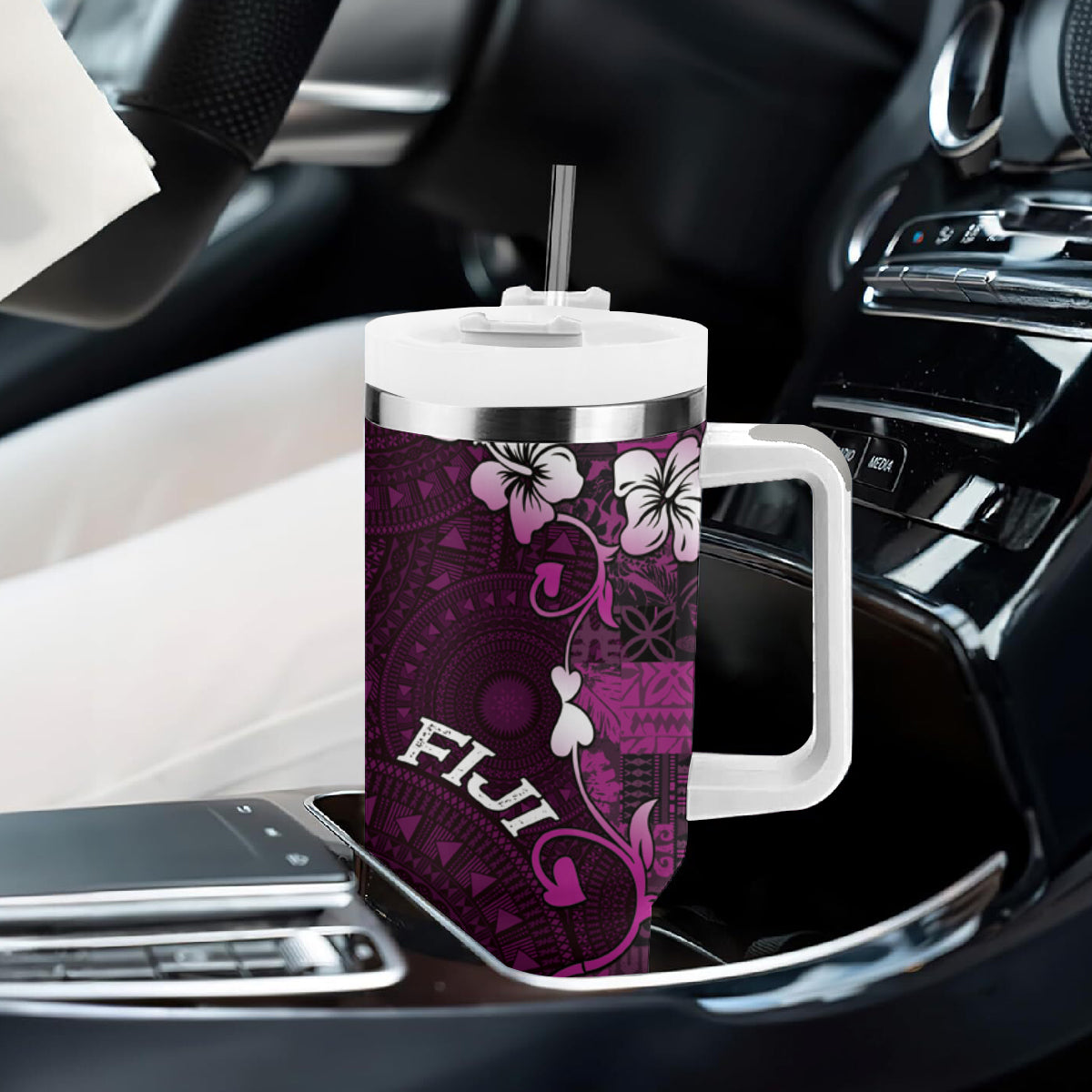 Fiji Masi Tumbler With Handle Fijian Hibiscus Tapa Purple Version