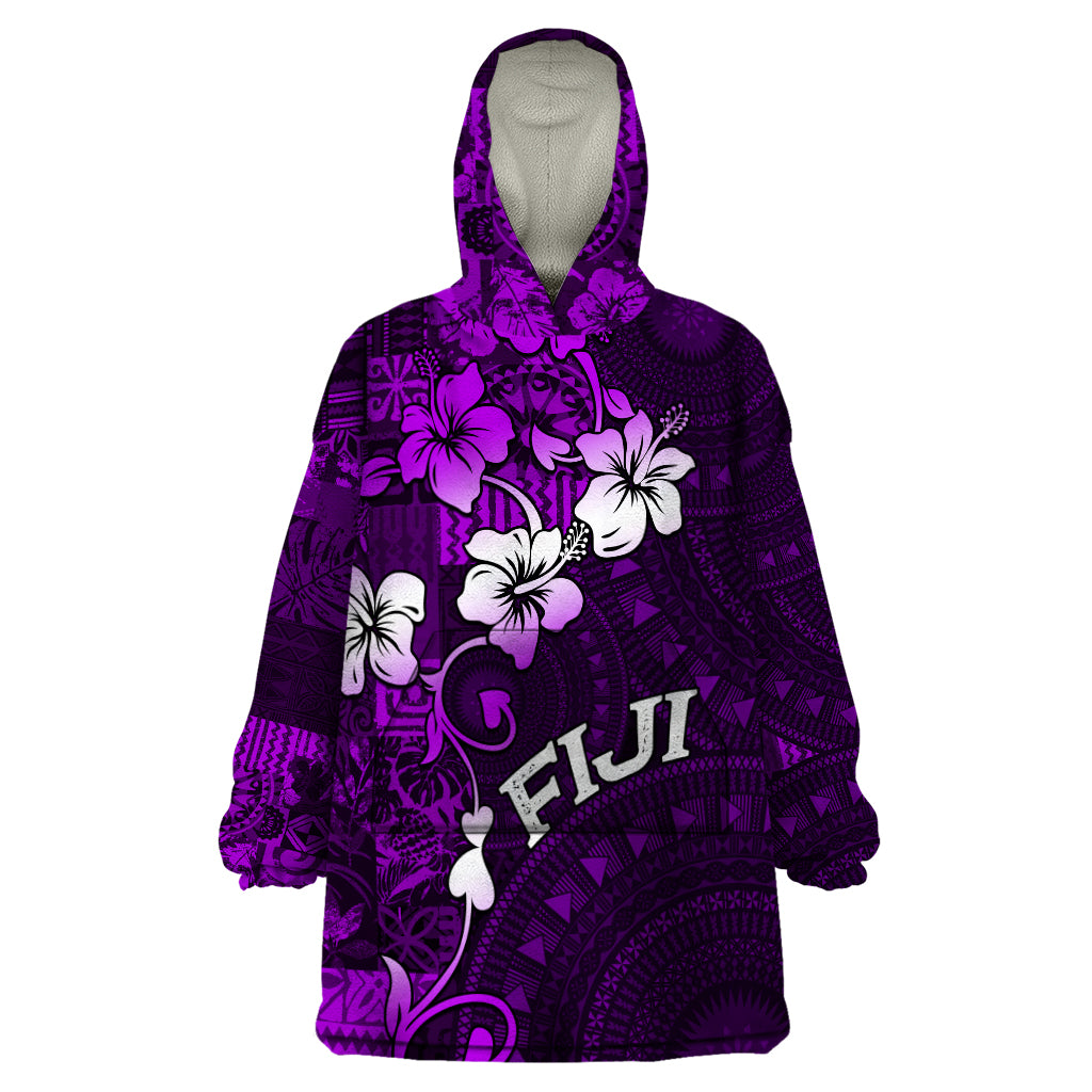 Fiji Masi Wearable Blanket Hoodie Fijian Hibiscus Tapa Purple Version LT01 One Size Purple - Polynesian Pride