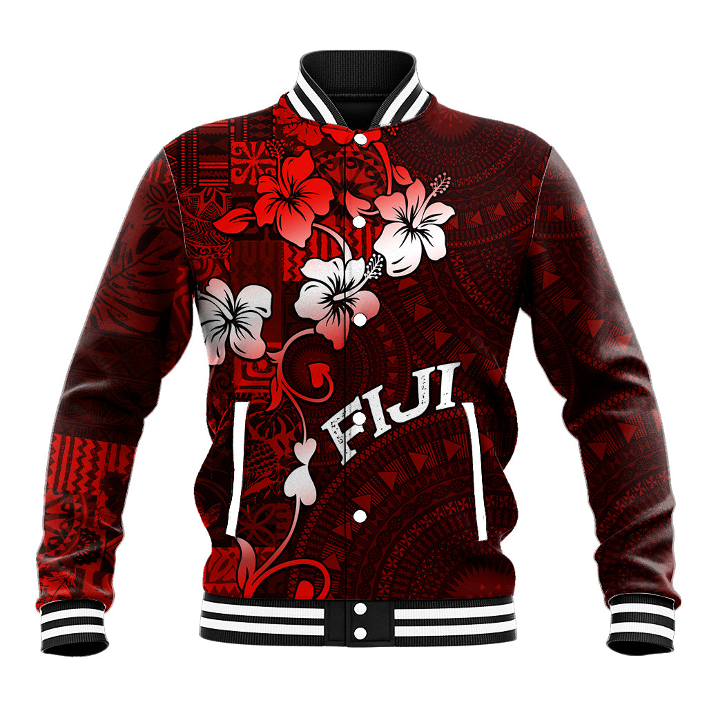 Fiji Masi Baseball Jacket Fijian Hibiscus Tapa Red Version LT01 Unisex Red - Polynesian Pride