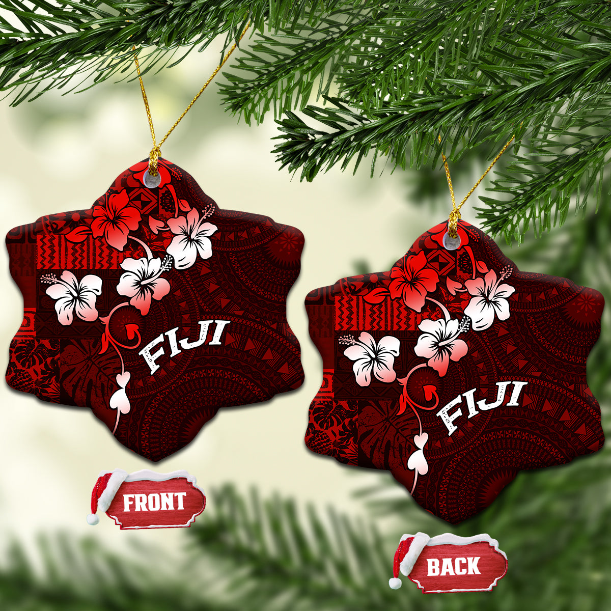 Fiji Masi Ceramic Ornament Fijian Hibiscus Tapa Red Version LT01 Snow Flake Red - Polynesian Pride
