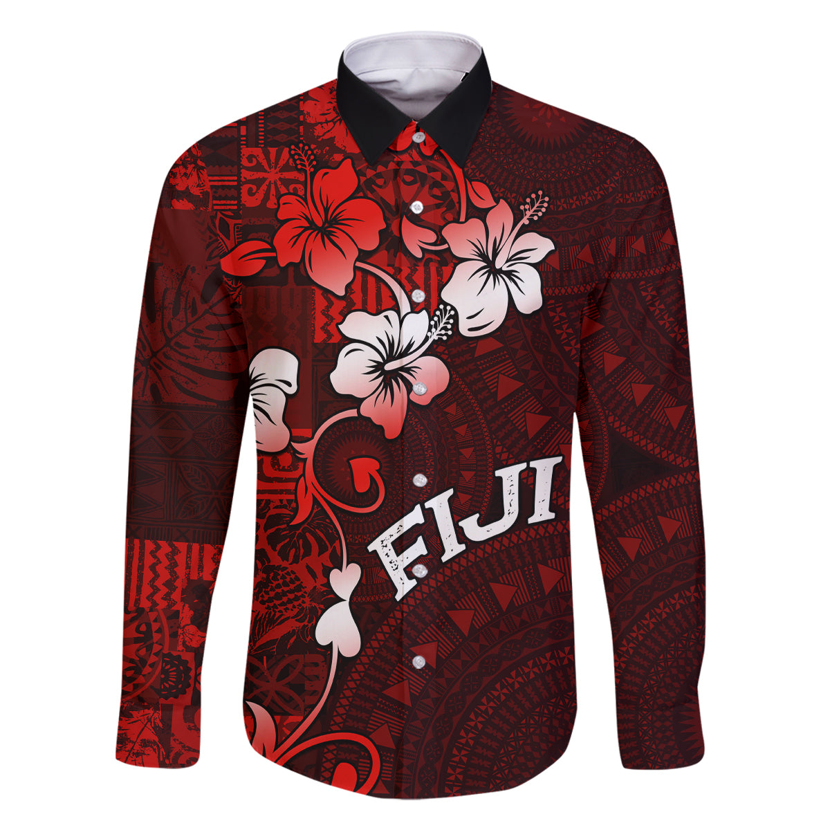 Fiji Masi Family Matching Off Shoulder Maxi Dress and Hawaiian Shirt Fijian Hibiscus Tapa Red Version LT01 Dad's Shirt - Long Sleeve Red - Polynesian Pride