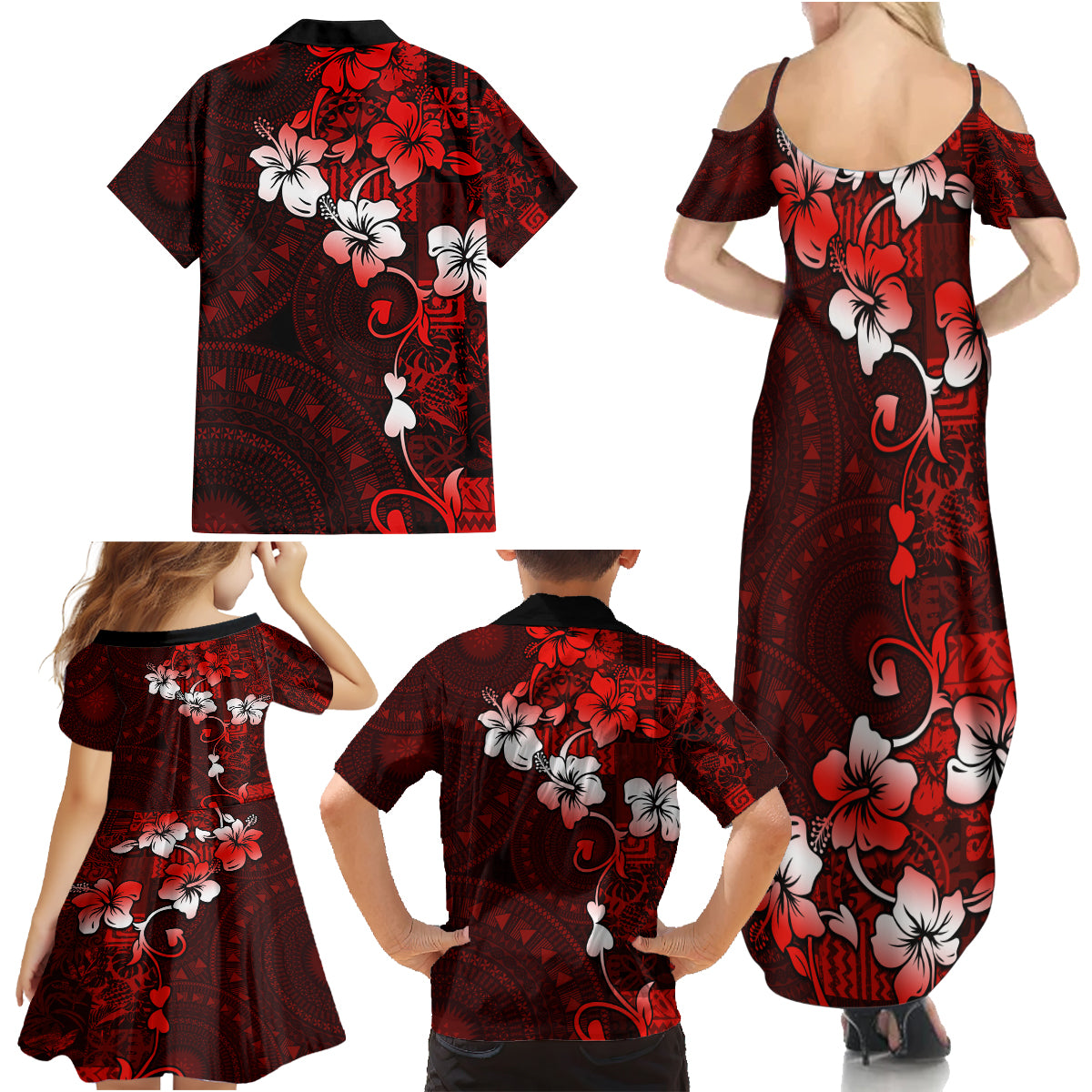 Fiji Masi Family Matching Summer Maxi Dress and Hawaiian Shirt Fijian Hibiscus Tapa Red Version LT01 - Polynesian Pride