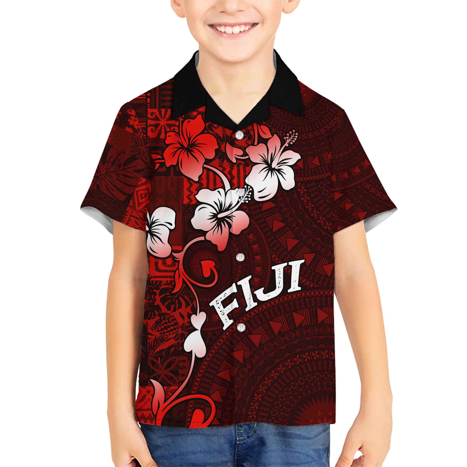 Fiji Masi Kid Hawaiian Shirt Fijian Hibiscus Tapa Red Version LT01 Kid Red - Polynesian Pride