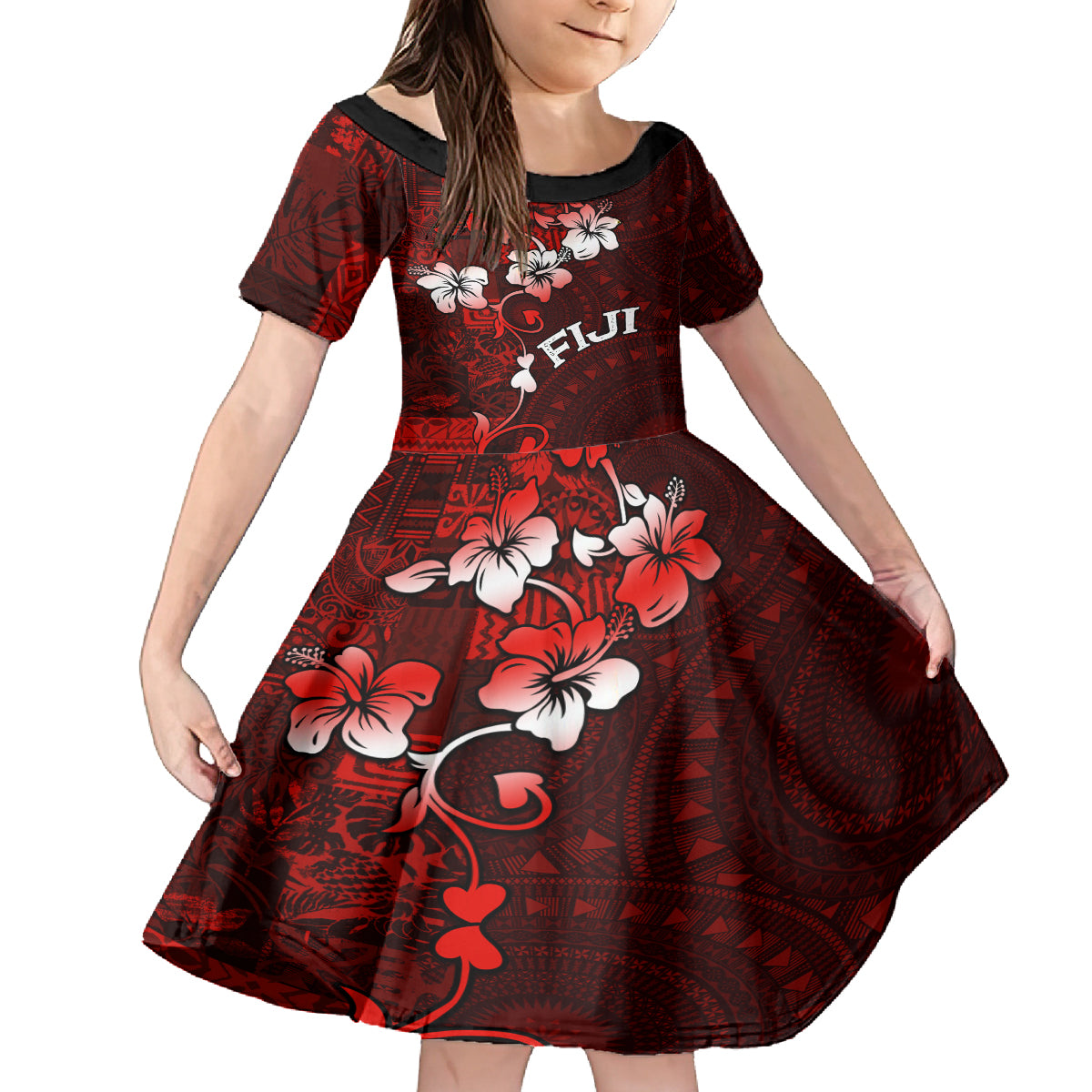 Fiji Masi Kid Short Sleeve Dress Fijian Hibiscus Tapa Red Version LT01 KID Red - Polynesian Pride