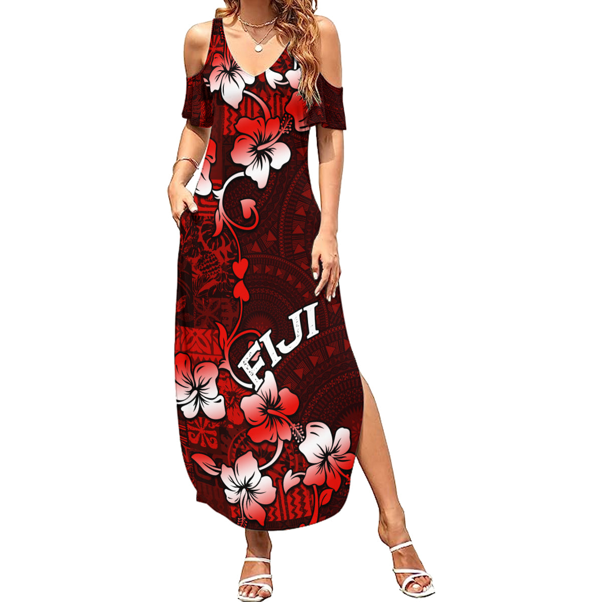 Fiji Masi Summer Maxi Dress Fijian Hibiscus Tapa Red Version LT01 Women Red - Polynesian Pride