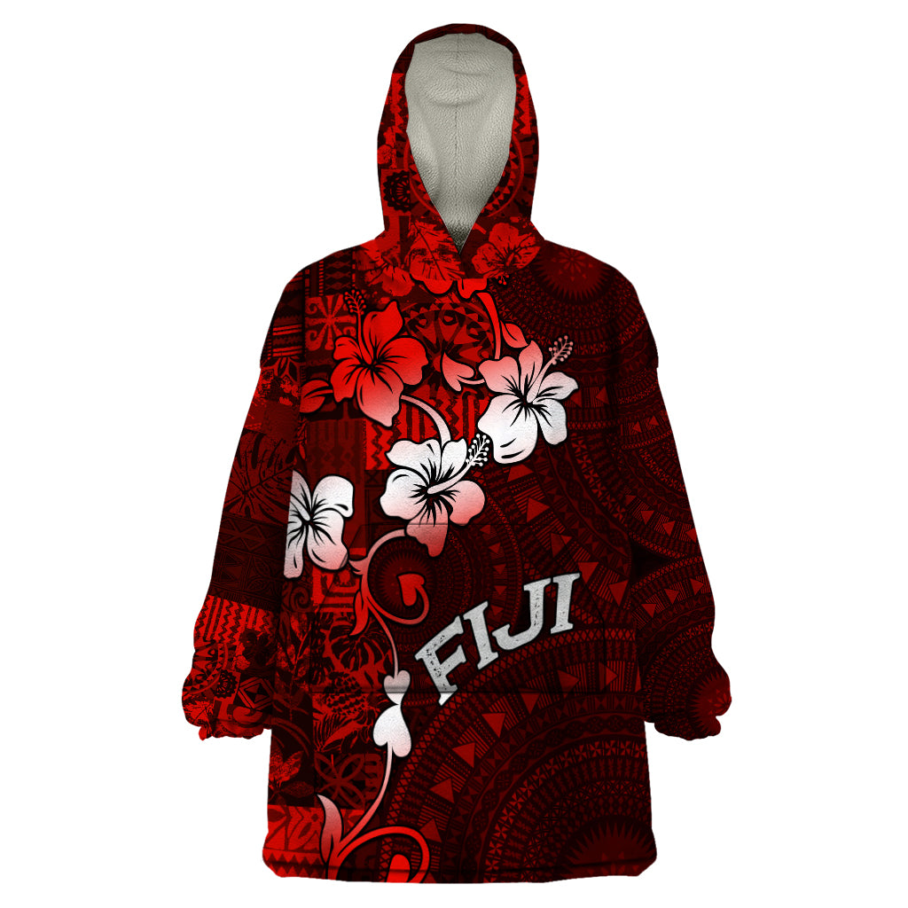 Fiji Masi Wearable Blanket Hoodie Fijian Hibiscus Tapa Red Version LT01 One Size Red - Polynesian Pride