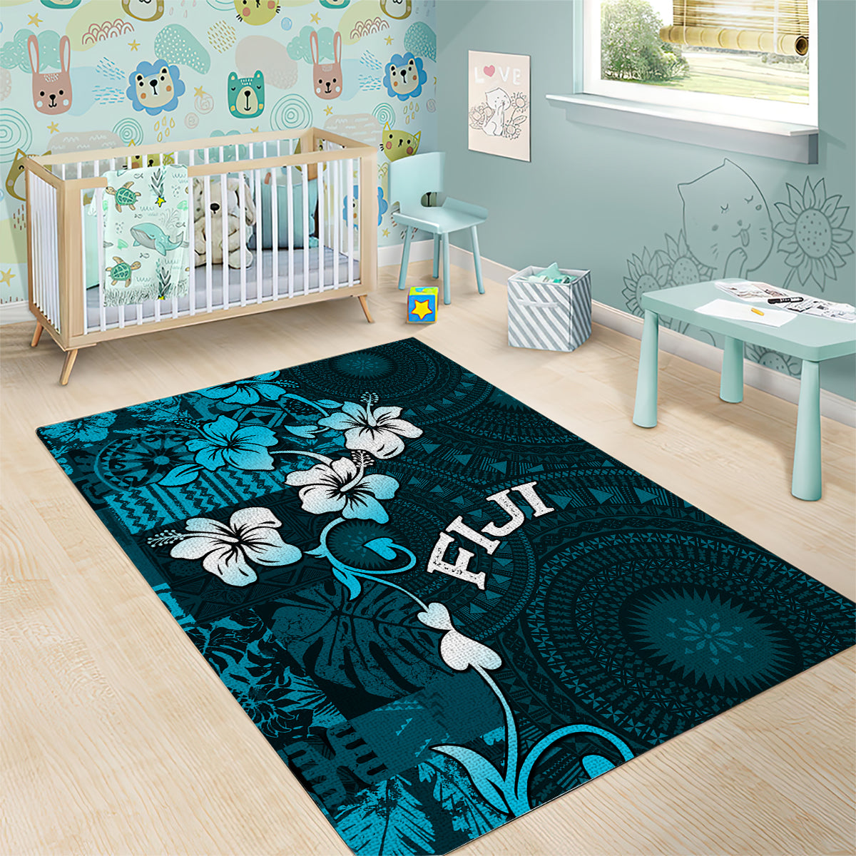 Fiji Masi Area Rug Fijian Hibiscus Tapa Sky Blue Version LT01 - Polynesian Pride