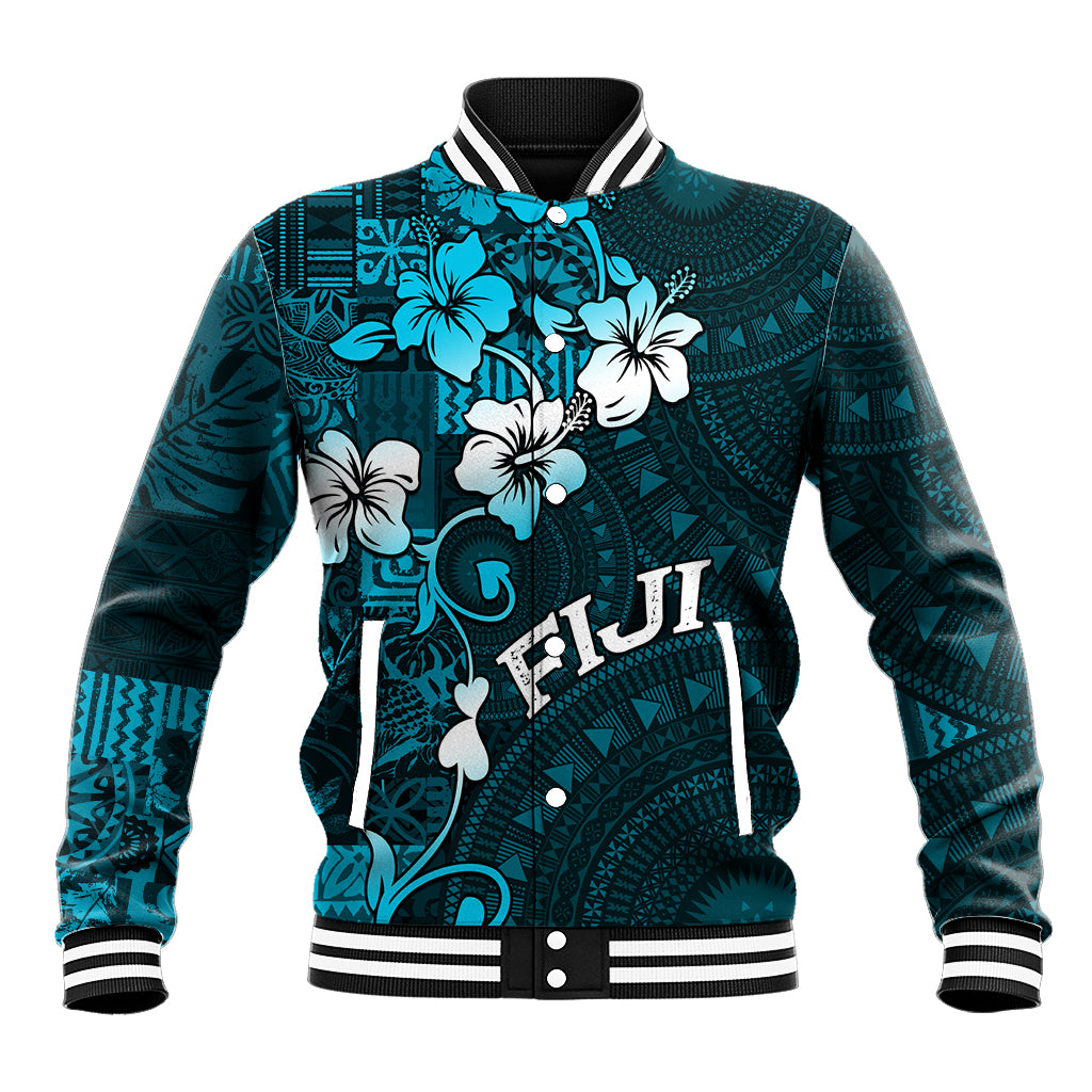 Fiji Masi Baseball Jacket Fijian Hibiscus Tapa Sky Blue Version LT01 Unisex Blue - Polynesian Pride