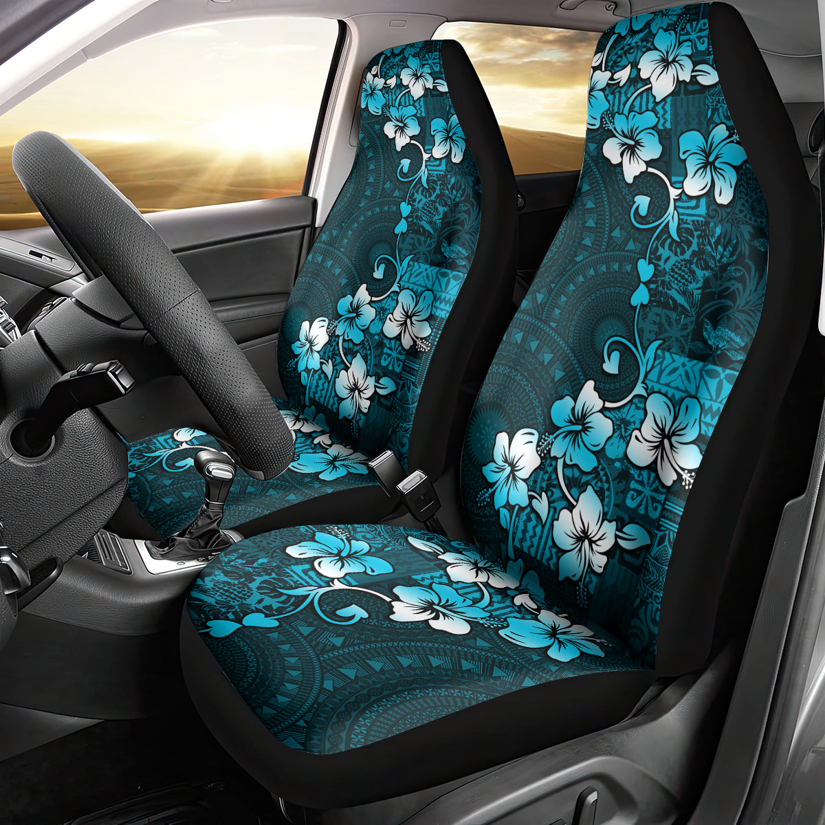 Fiji Masi Car Seat Cover Fijian Hibiscus Tapa Sky Blue Version LT01 - Polynesian Pride