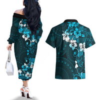 Fiji Masi Couples Matching Off The Shoulder Long Sleeve Dress and Hawaiian Shirt Fijian Hibiscus Tapa Sky Blue Version LT01 - Polynesian Pride