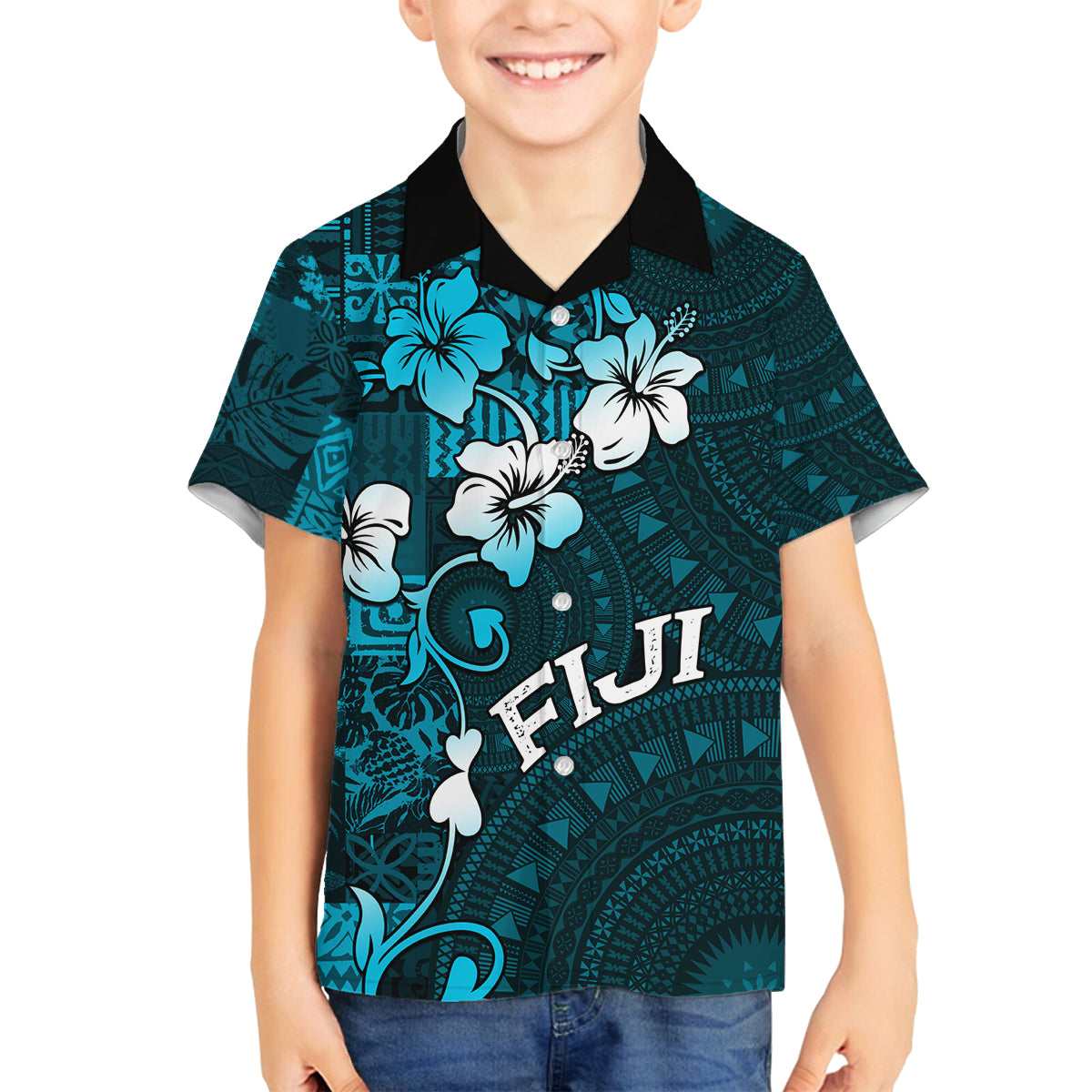 Fiji Masi Family Matching Off Shoulder Maxi Dress and Hawaiian Shirt Fijian Hibiscus Tapa Sky Blue Version LT01 Son's Shirt Blue - Polynesian Pride