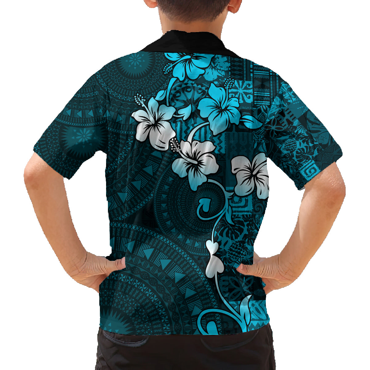 Fiji Masi Family Matching Off Shoulder Short Dress and Hawaiian Shirt Fijian Hibiscus Tapa Sky Blue Version LT01 - Polynesian Pride