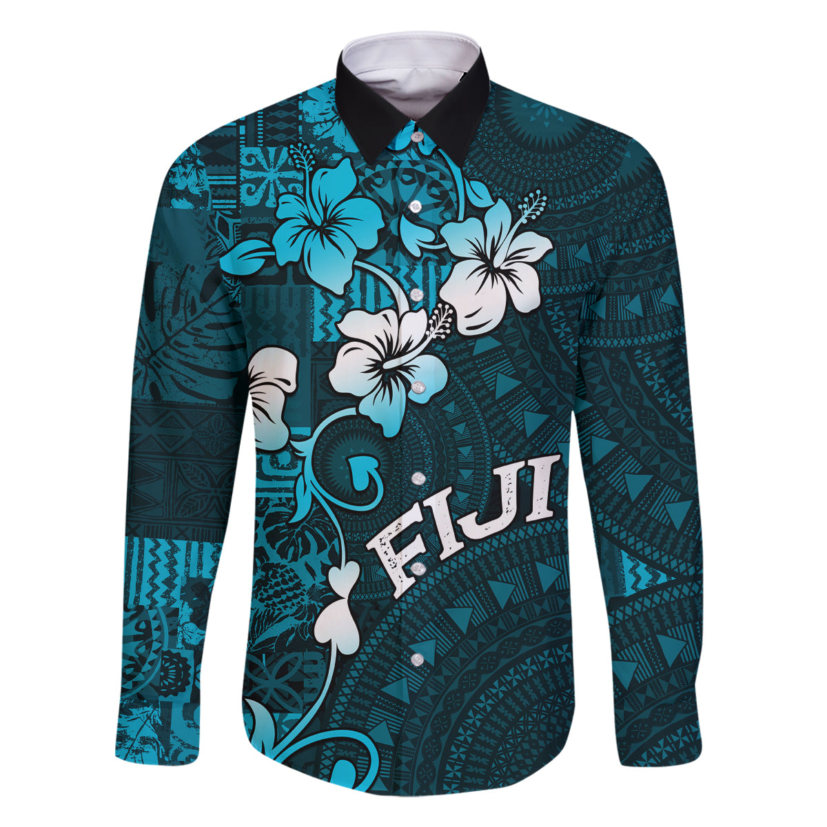 Fiji Masi Family Matching Off Shoulder Short Dress and Hawaiian Shirt Fijian Hibiscus Tapa Sky Blue Version LT01 Dad's Shirt - Long Sleeve Blue - Polynesian Pride