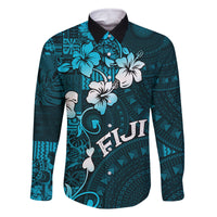 Fiji Masi Family Matching Off Shoulder Short Dress and Hawaiian Shirt Fijian Hibiscus Tapa Sky Blue Version LT01 Dad's Shirt - Long Sleeve Blue - Polynesian Pride