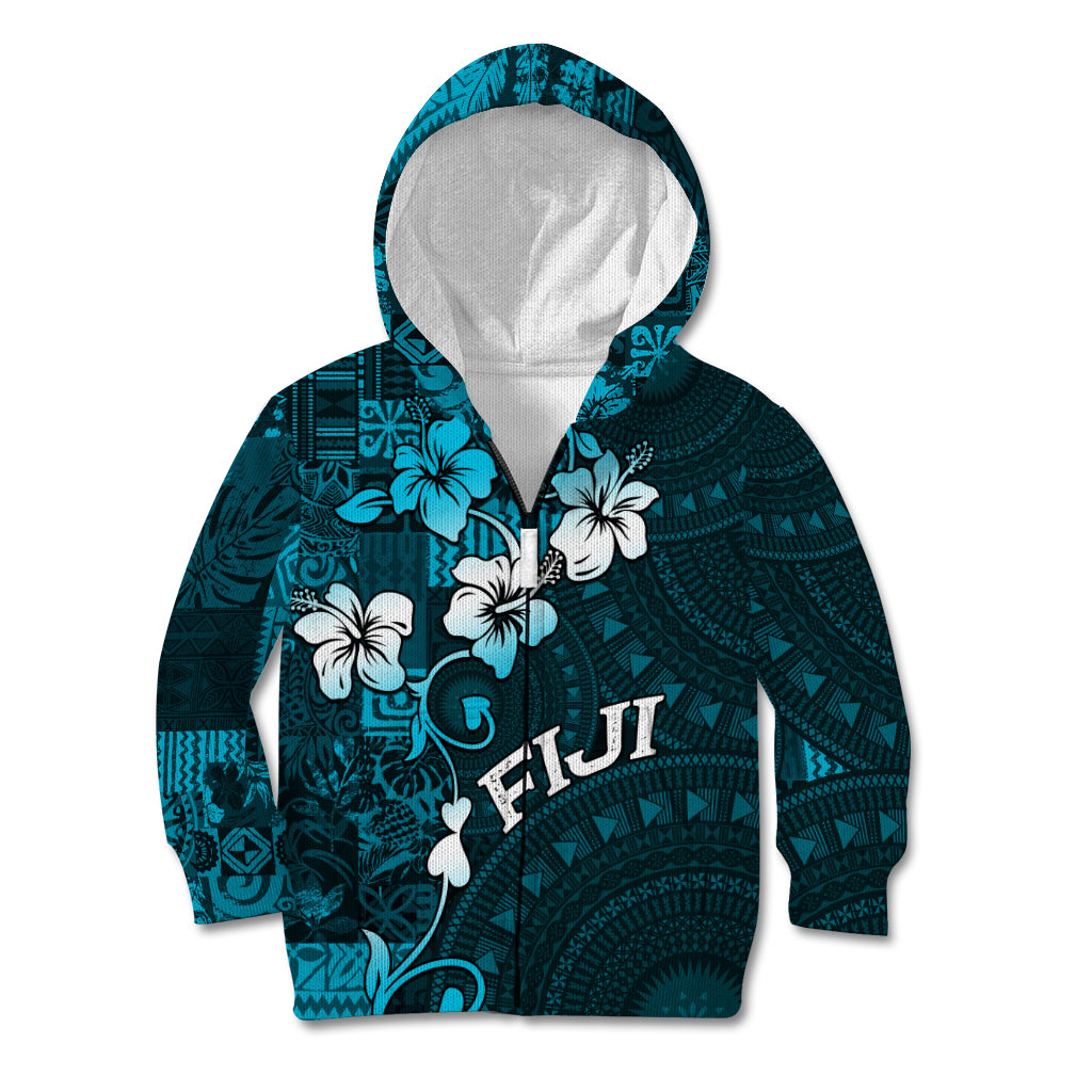 Fiji Masi Kid Hoodie Fijian Hibiscus Tapa Sky Blue Version LT01 - Polynesian Pride