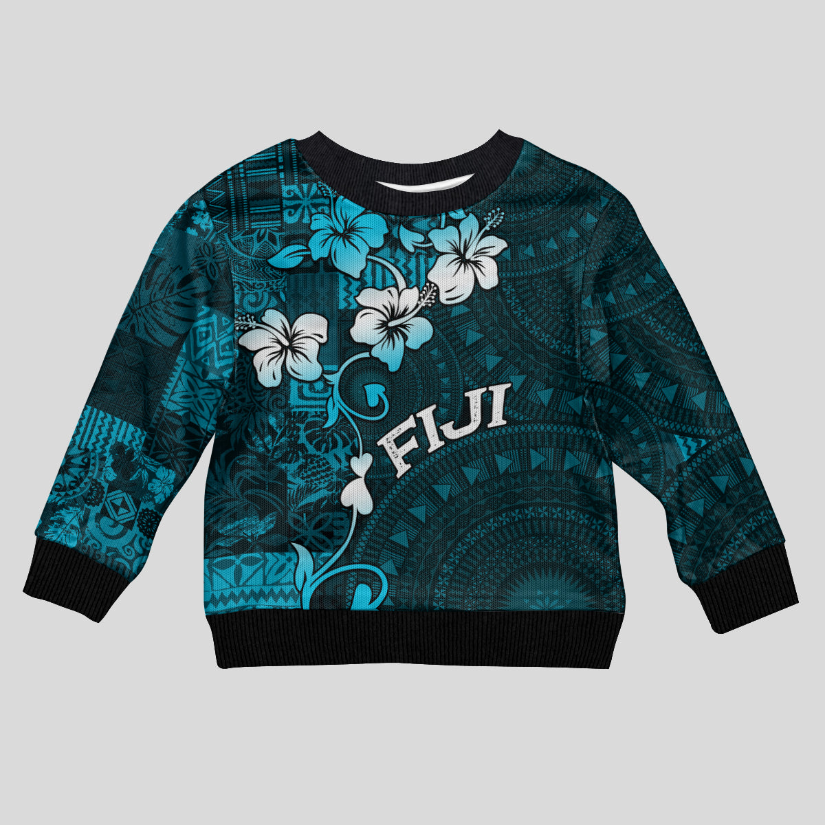 Fiji Masi Kid Ugly Christmas Sweater Fijian Hibiscus Tapa Sky Blue Version LT01 Kid Blue - Polynesian Pride