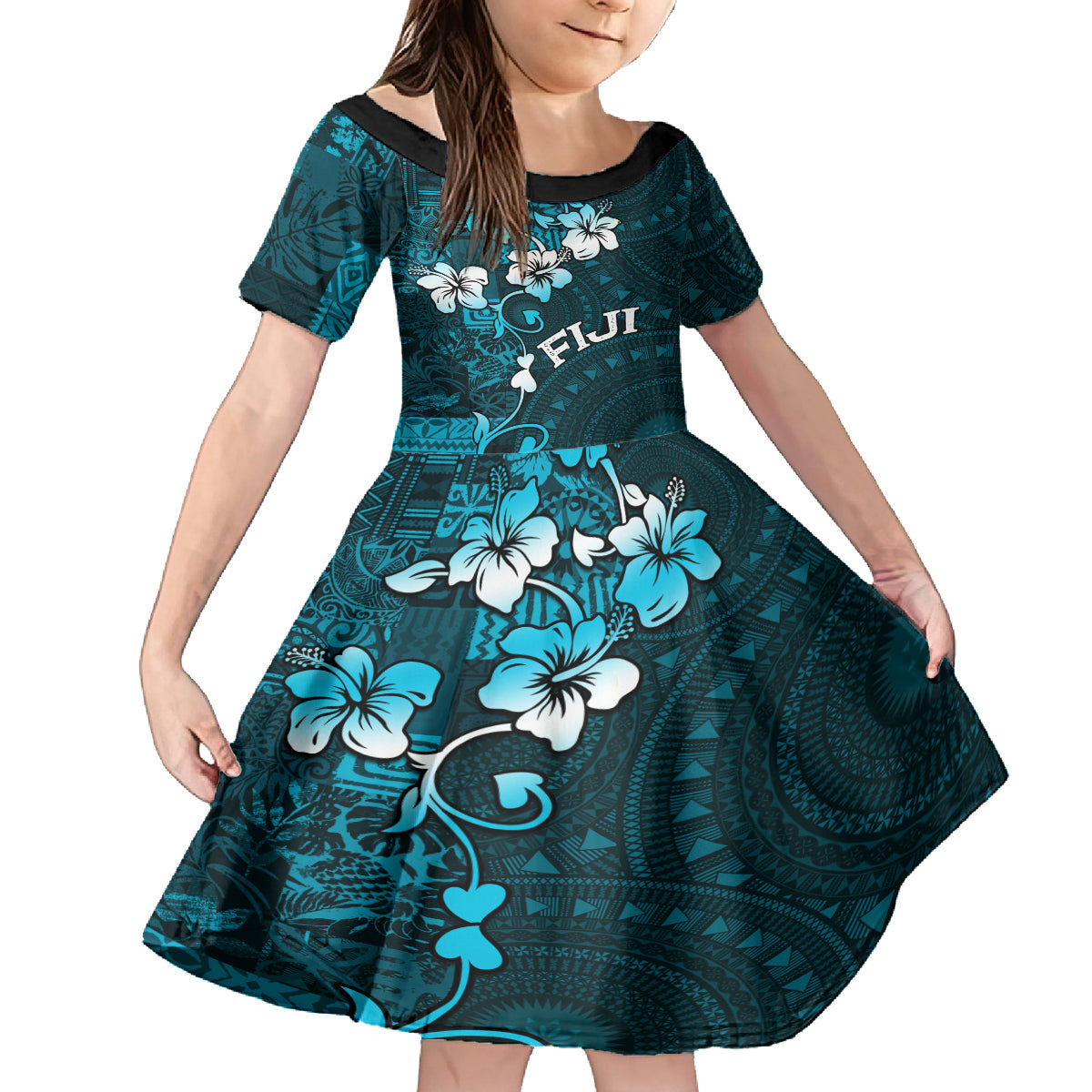 Fiji Masi Kid Short Sleeve Dress Fijian Hibiscus Tapa Sky Blue Version LT01 KID Blue - Polynesian Pride