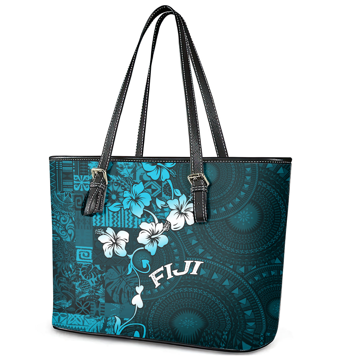 Fiji Masi Leather Tote Bag Fijian Hibiscus Tapa Sky Blue Version LT01 - Polynesian Pride