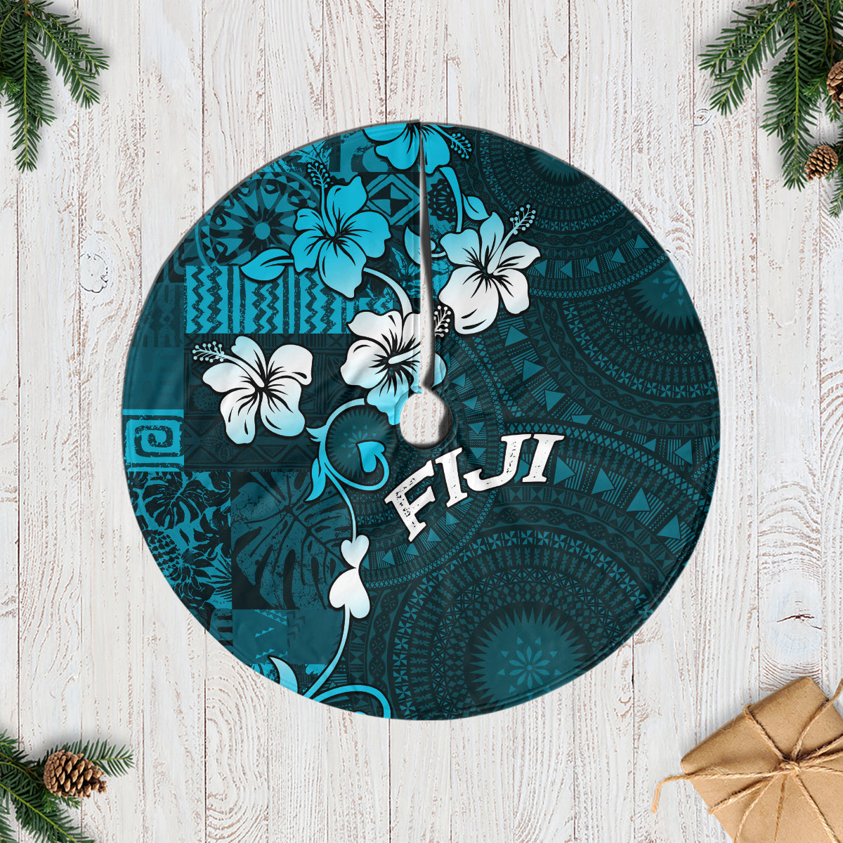 Fiji Masi Tree Skirt Fijian Hibiscus Tapa Sky Blue Version LT01 Casual Tree Skirts Blue - Polynesian Pride