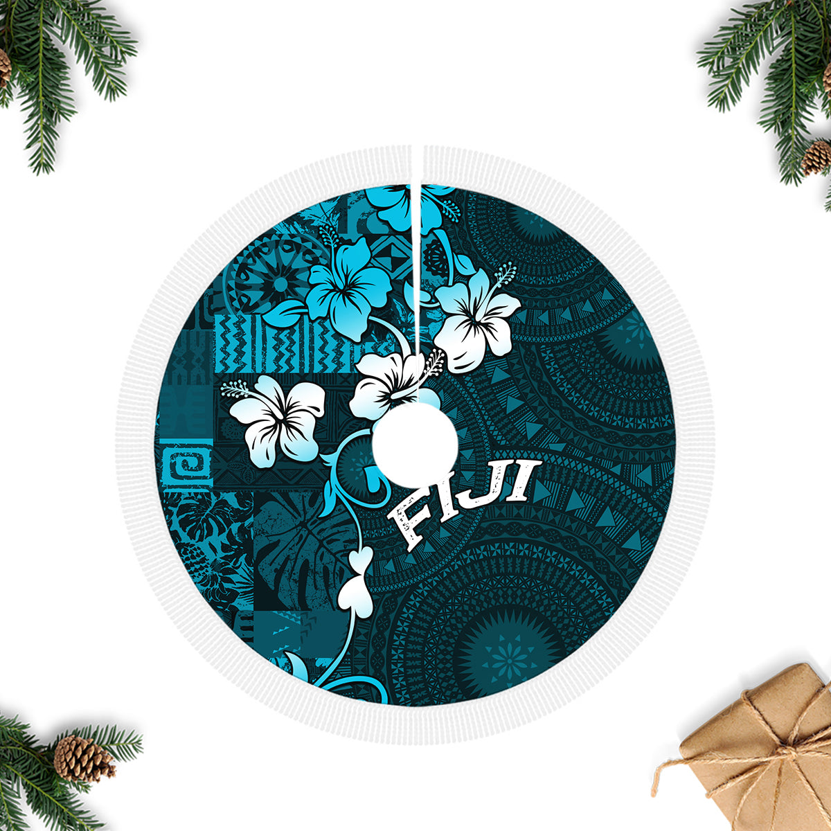 Fiji Masi Tree Skirt Fijian Hibiscus Tapa Sky Blue Version LT01 Fringed Tree Skirts Blue - Polynesian Pride