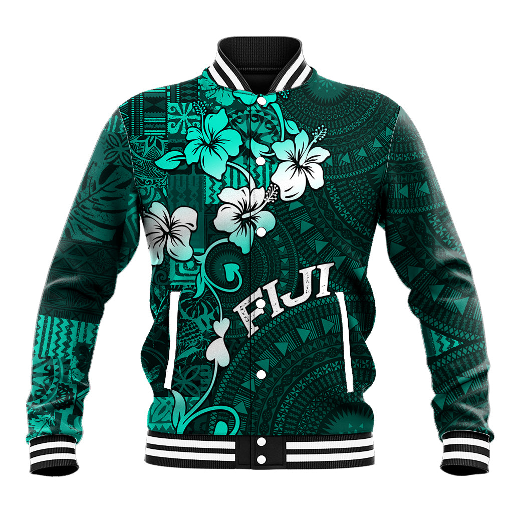 Fiji Masi Baseball Jacket Fijian Hibiscus Tapa Turquoise Version LT01 Unisex Turquoise - Polynesian Pride