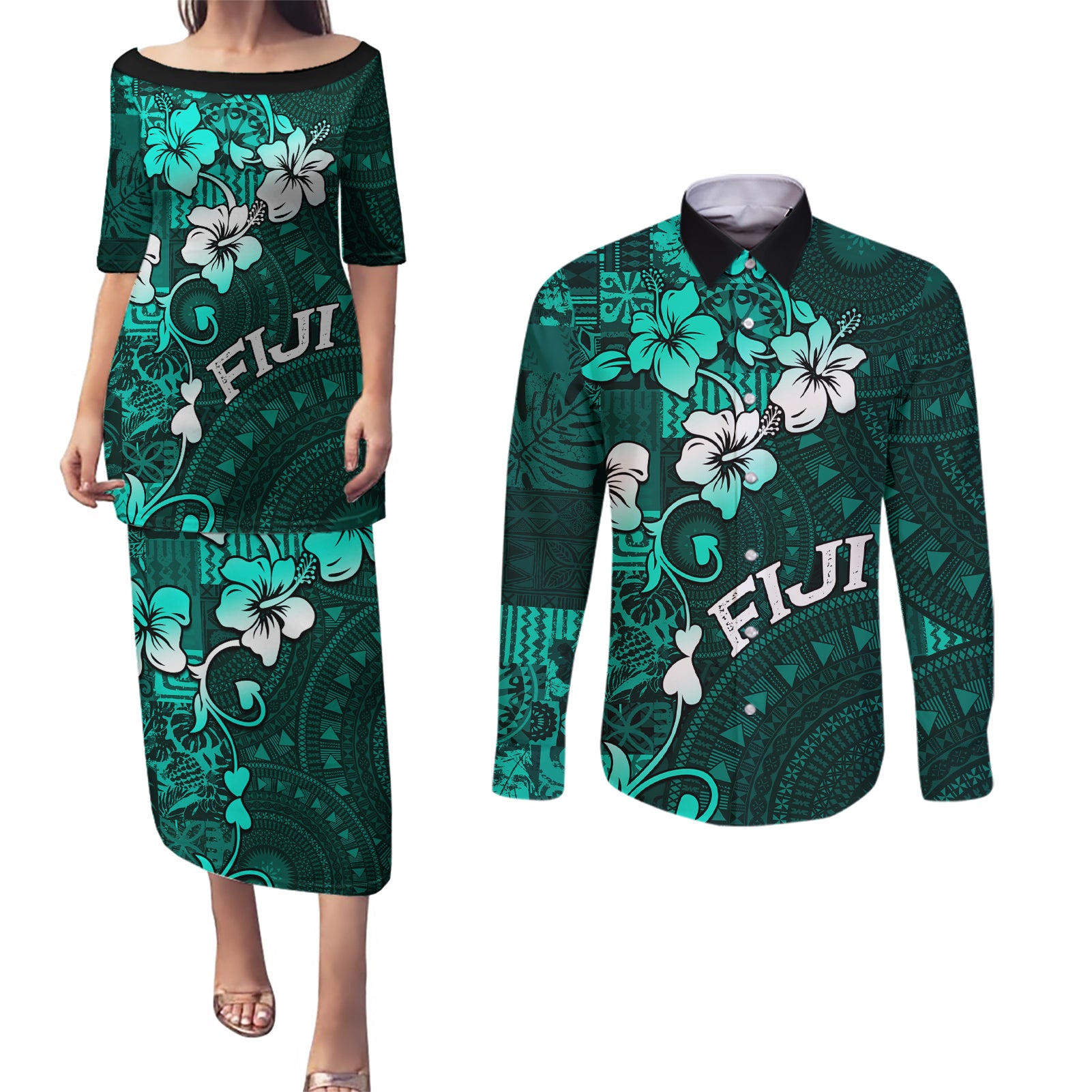 Fiji Masi Couples Matching Puletasi Dress and Long Sleeve Button Shirt Fijian Hibiscus Tapa Turquoise Version LT01 Turquoise - Polynesian Pride