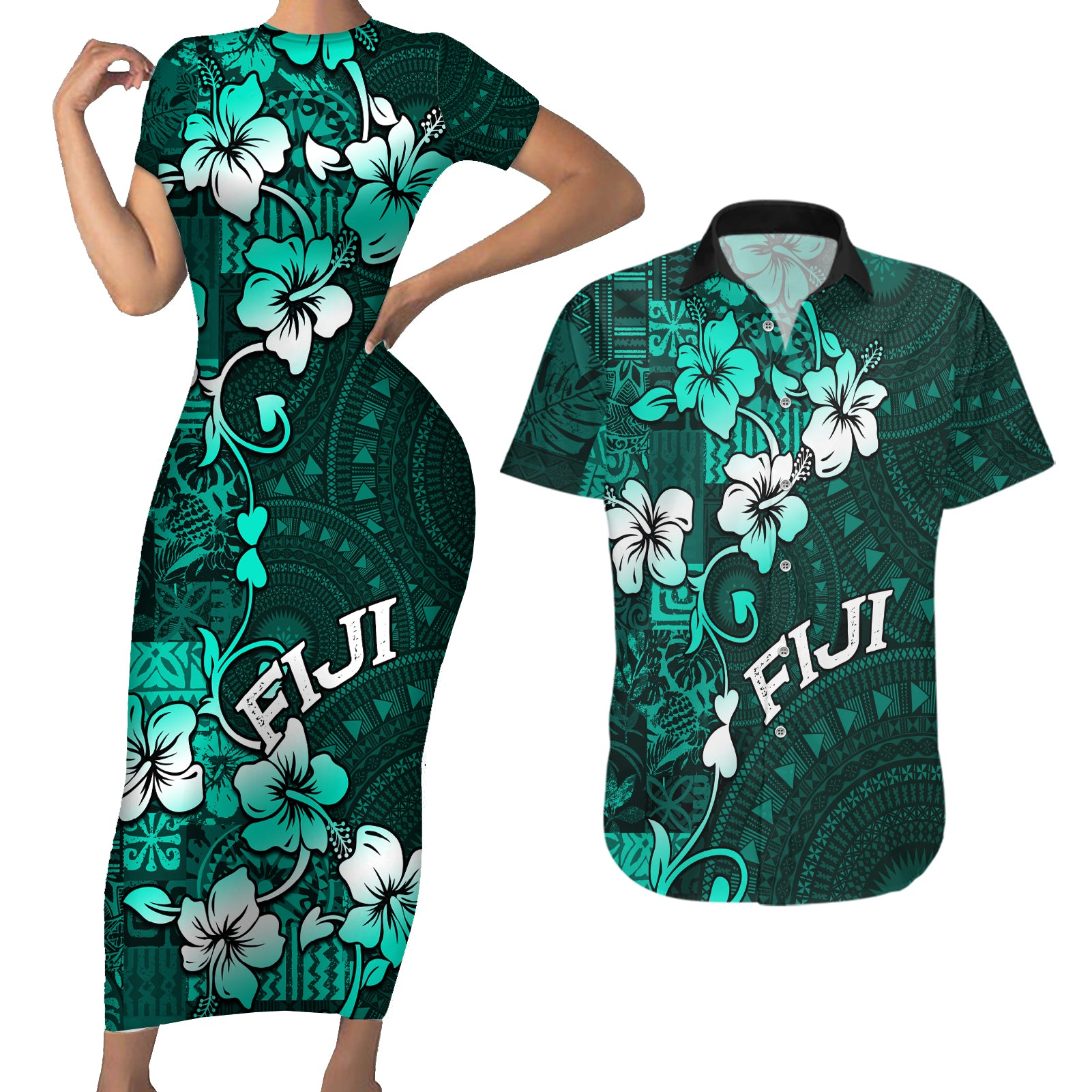 Fiji Masi Couples Matching Short Sleeve Bodycon Dress and Hawaiian Shirt Fijian Hibiscus Tapa Turquoise Version LT01 Turquoise - Polynesian Pride