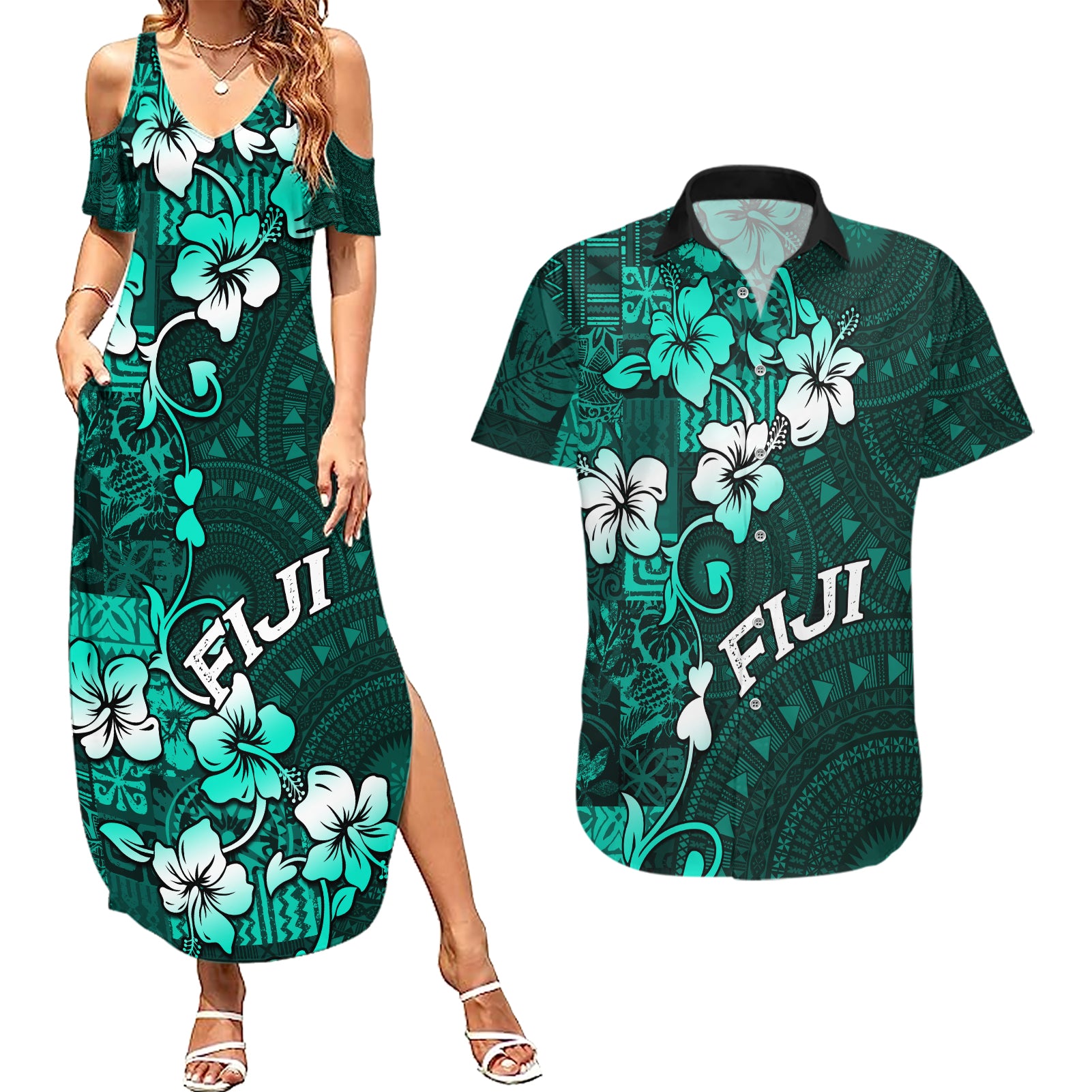 Fiji Masi Couples Matching Summer Maxi Dress and Hawaiian Shirt Fijian Hibiscus Tapa Turquoise Version LT01 Turquoise - Polynesian Pride