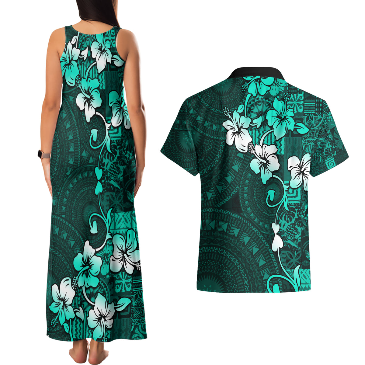 Fiji Masi Couples Matching Tank Maxi Dress and Hawaiian Shirt Fijian Hibiscus Tapa Turquoise Version LT01 - Polynesian Pride
