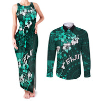 Fiji Masi Couples Matching Tank Maxi Dress and Long Sleeve Button Shirt Fijian Hibiscus Tapa Turquoise Version LT01 Turquoise - Polynesian Pride