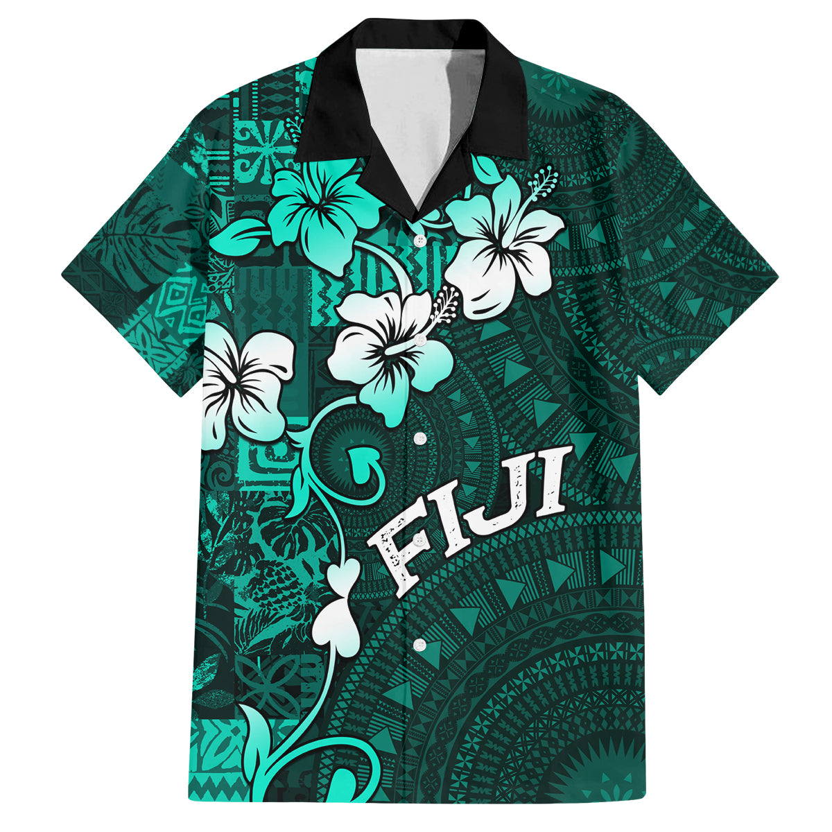 Fiji Masi Family Matching Off Shoulder Maxi Dress and Hawaiian Shirt Fijian Hibiscus Tapa Turquoise Version LT01 Dad's Shirt - Short Sleeve Turquoise - Polynesian Pride