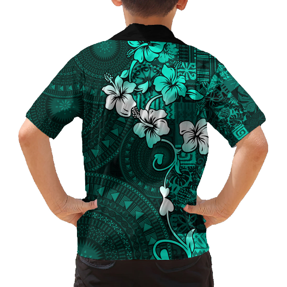 Fiji Masi Family Matching Off Shoulder Short Dress and Hawaiian Shirt Fijian Hibiscus Tapa Turquoise Version LT01 - Polynesian Pride